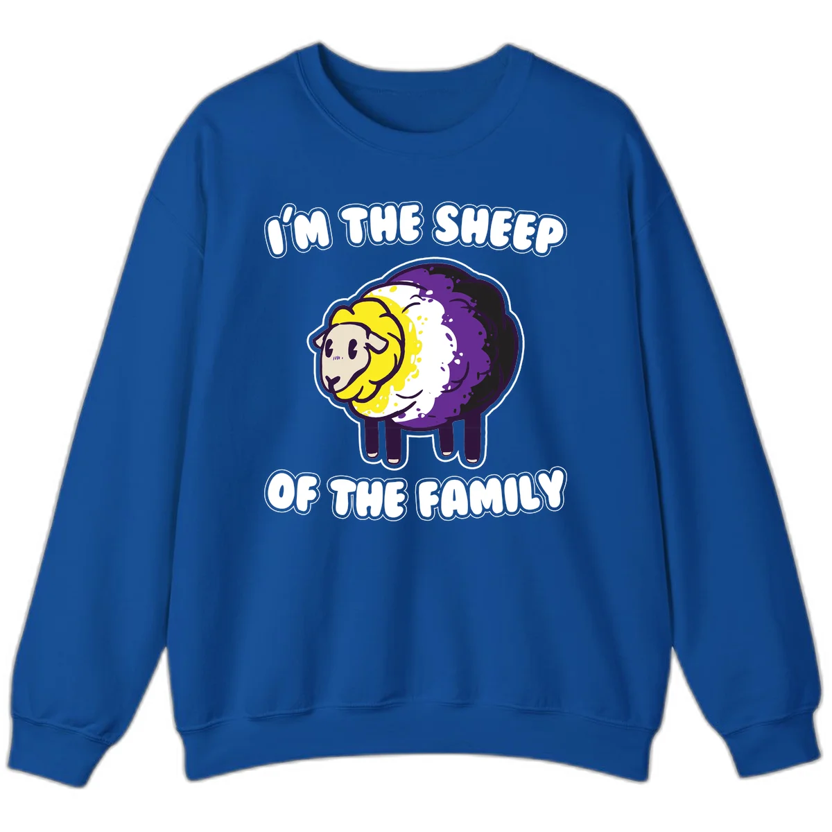 Cartoon sheep with yellow, white, and purple wool wearing text 'I'm The Sheep Of The Family' in bold letters in Royal