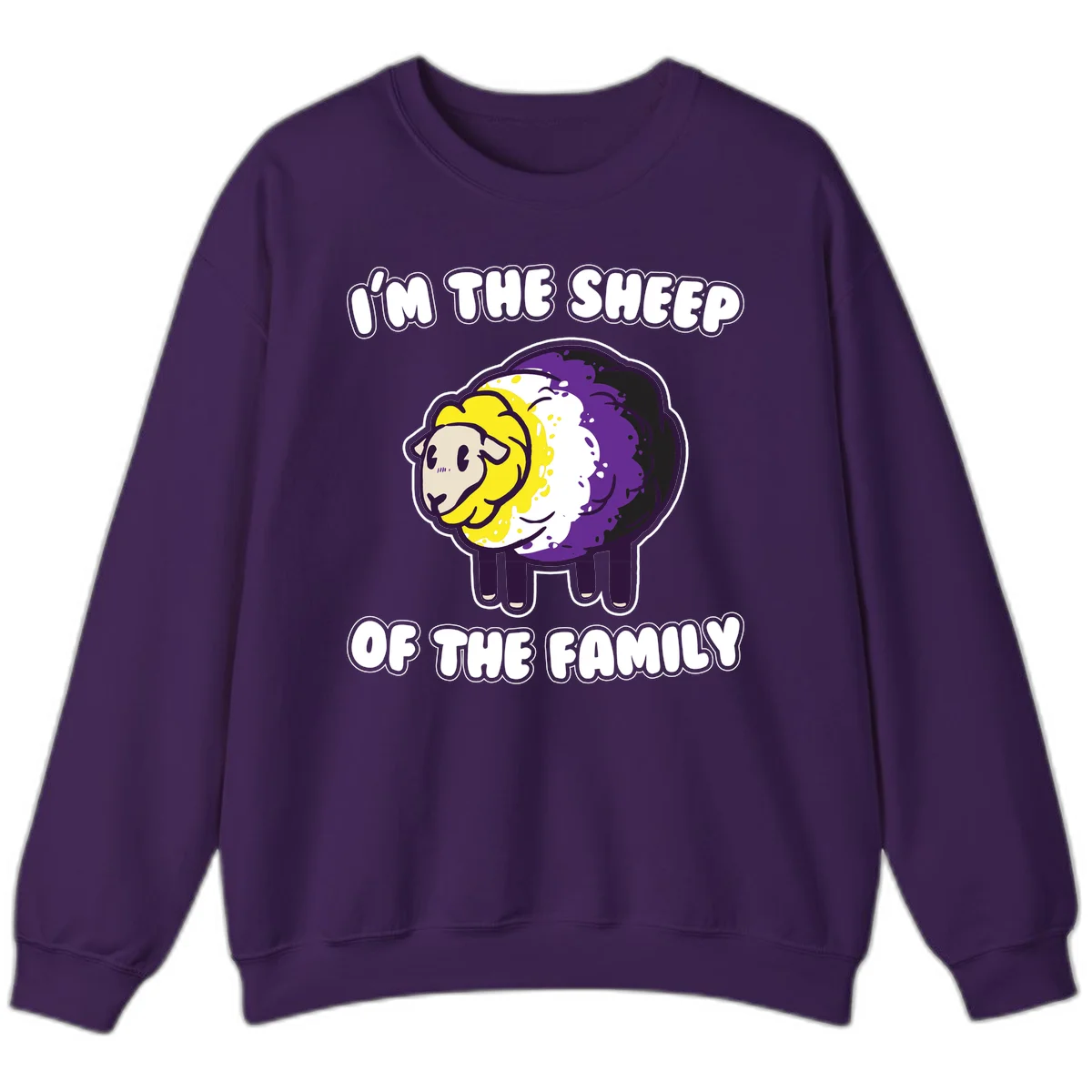 Cartoon sheep with yellow, white, and purple wool wearing text 'I'm The Sheep Of The Family' in bold letters in Purple