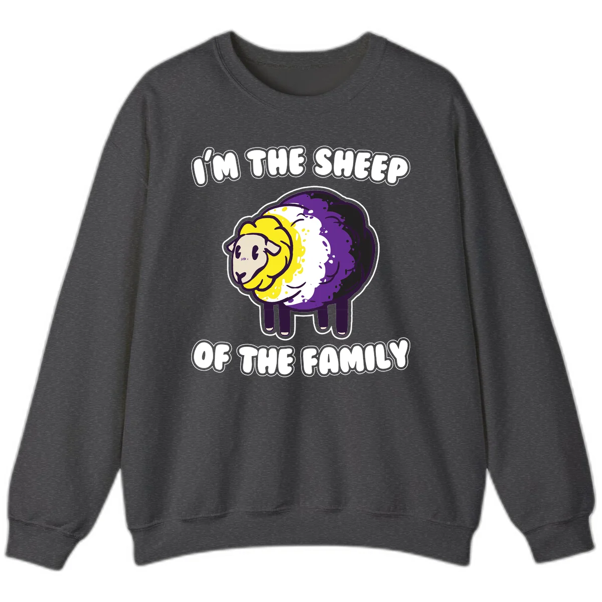 Cartoon sheep with yellow, white, and purple wool wearing text 'I'm The Sheep Of The Family' in bold letters in Dark Heather