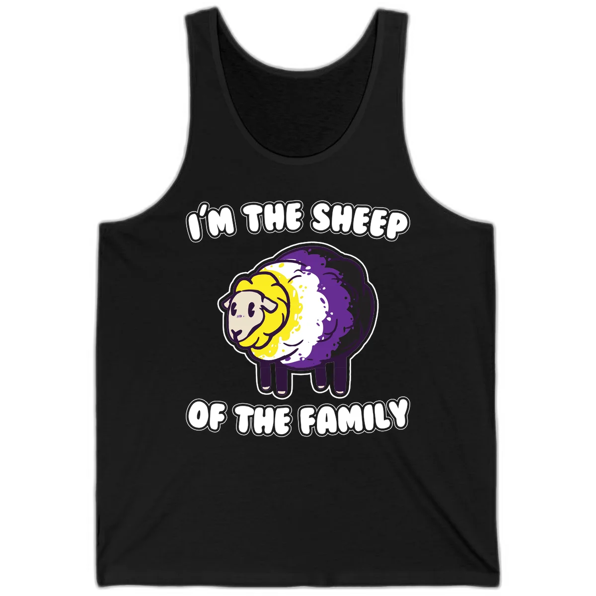 Cartoon sheep with yellow, white, and purple wool wearing text 'I'm The Sheep Of The Family' in bold letters in Black