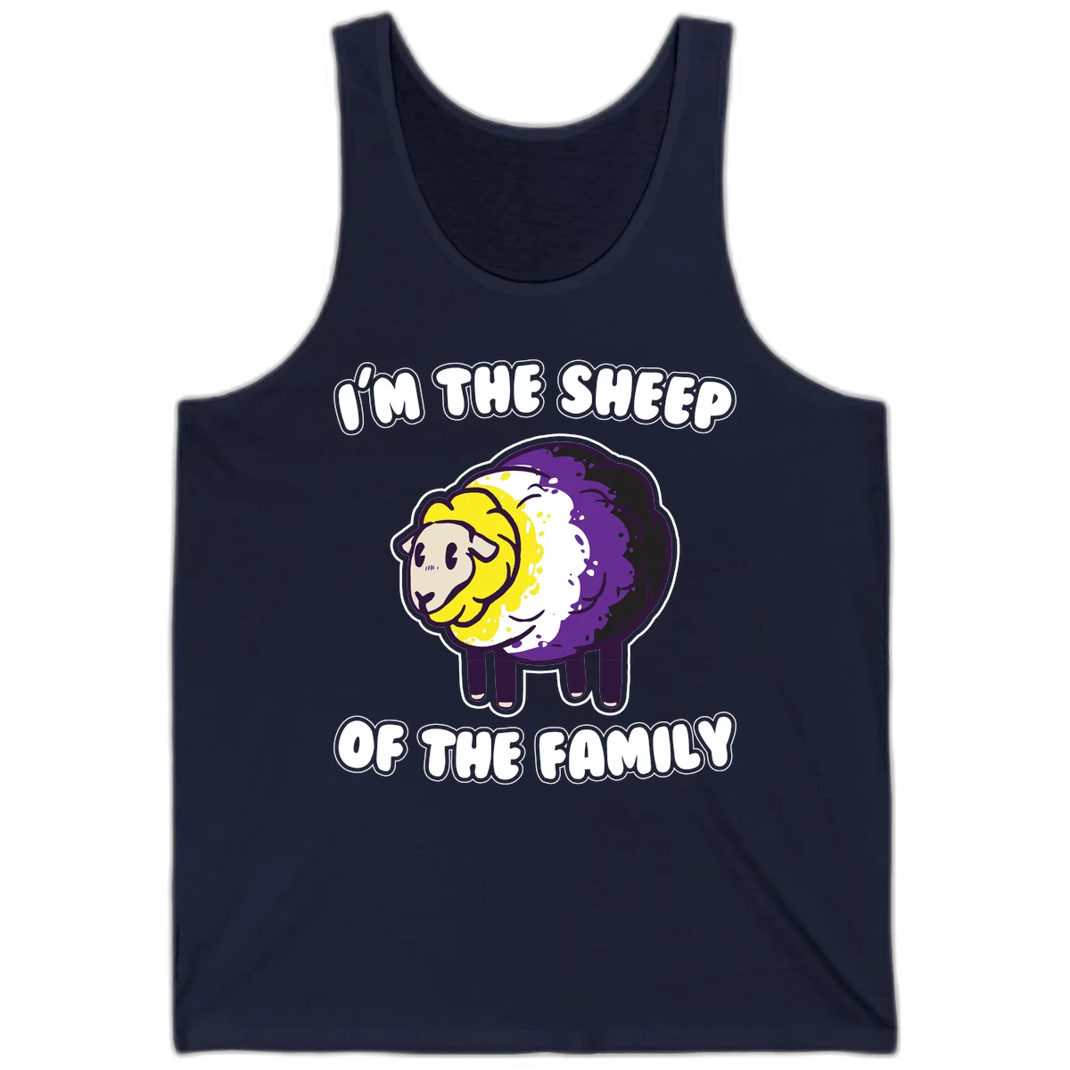 Cartoon sheep with yellow, white, and purple wool wearing text 'I'm The Sheep Of The Family' in bold letters in Navy