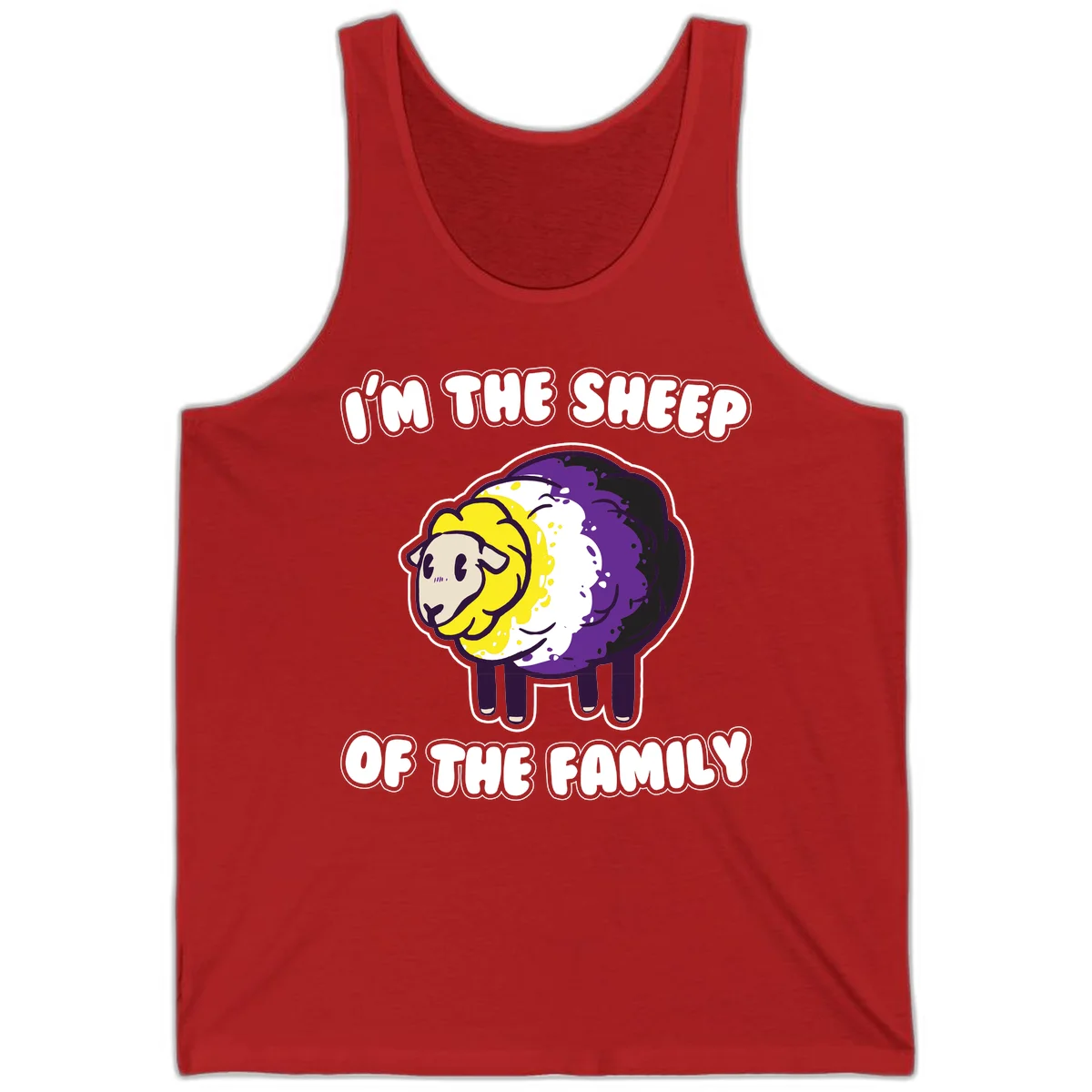 Cartoon sheep with yellow, white, and purple wool wearing text 'I'm The Sheep Of The Family' in bold letters in Red