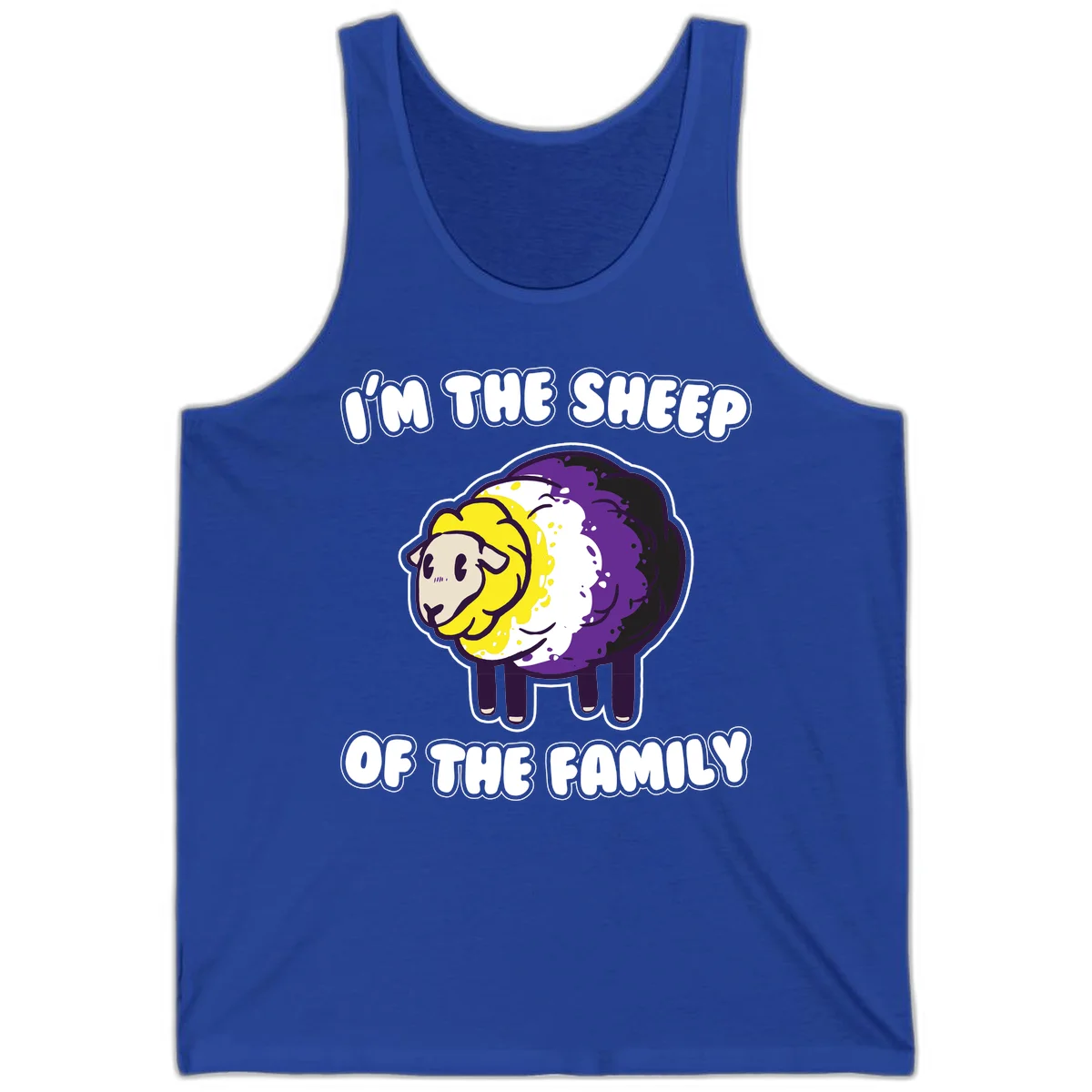 Cartoon sheep with yellow, white, and purple wool wearing text 'I'm The Sheep Of The Family' in bold letters in True Royal