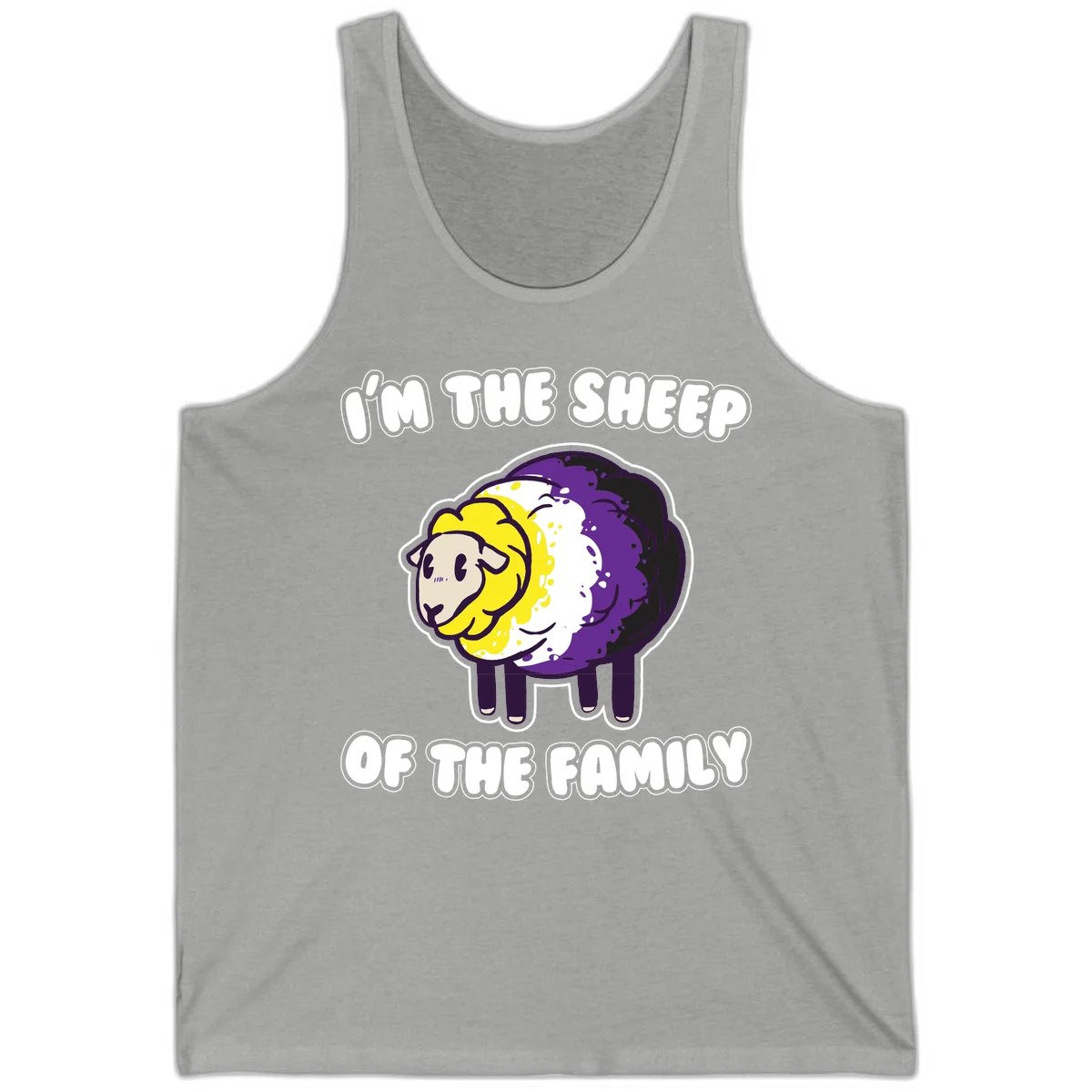 Cartoon sheep with yellow, white, and purple wool wearing text 'I'm The Sheep Of The Family' in bold letters in Athletic Heather