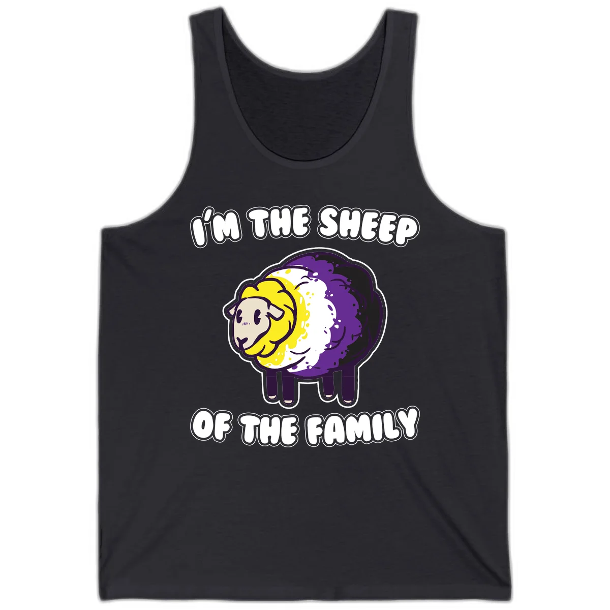 Cartoon sheep with yellow, white, and purple wool wearing text 'I'm The Sheep Of The Family' in bold letters in Dark Grey