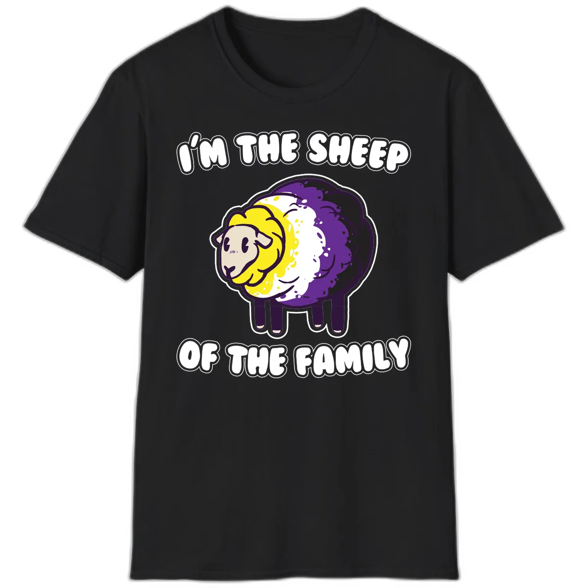 Cartoon sheep with yellow, white, and purple wool wearing text 'I'm The Sheep Of The Family' in bold letters in Black