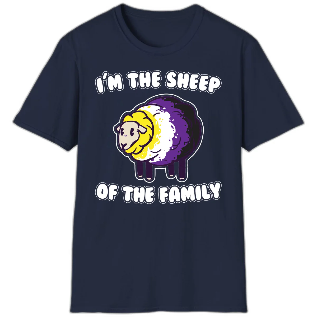 Cartoon sheep with yellow, white, and purple wool wearing text 'I'm The Sheep Of The Family' in bold letters in Navy