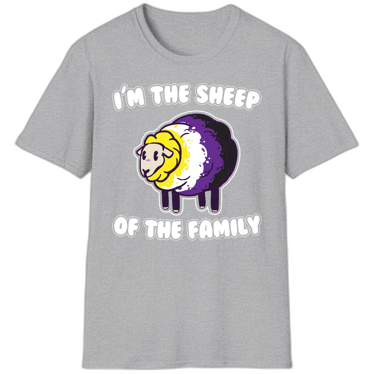 Cartoon sheep with yellow, white, and purple wool wearing text 'I'm The Sheep Of The Family' in bold letters in Sport Grey