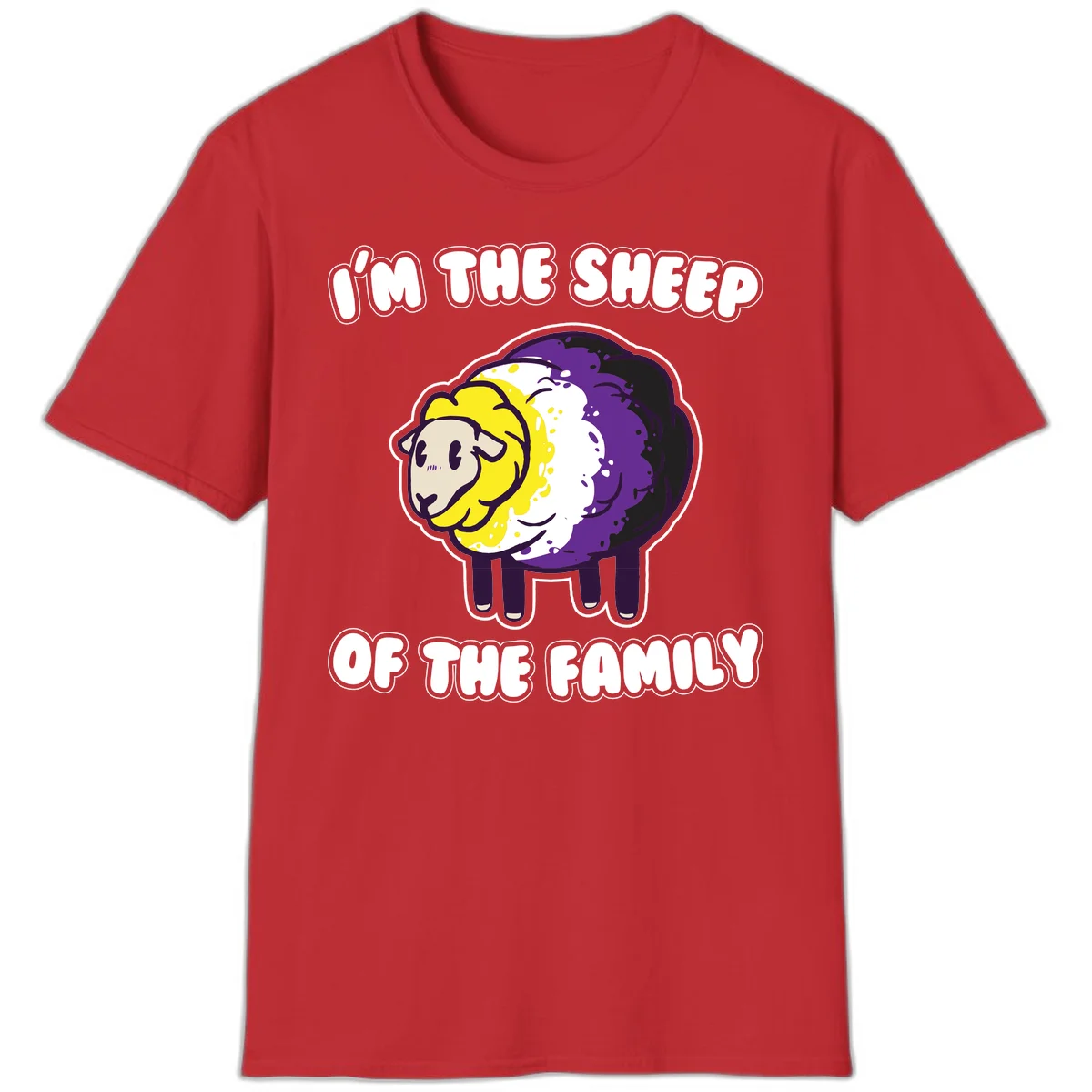 Cartoon sheep with yellow, white, and purple wool wearing text 'I'm The Sheep Of The Family' in bold letters in Red
