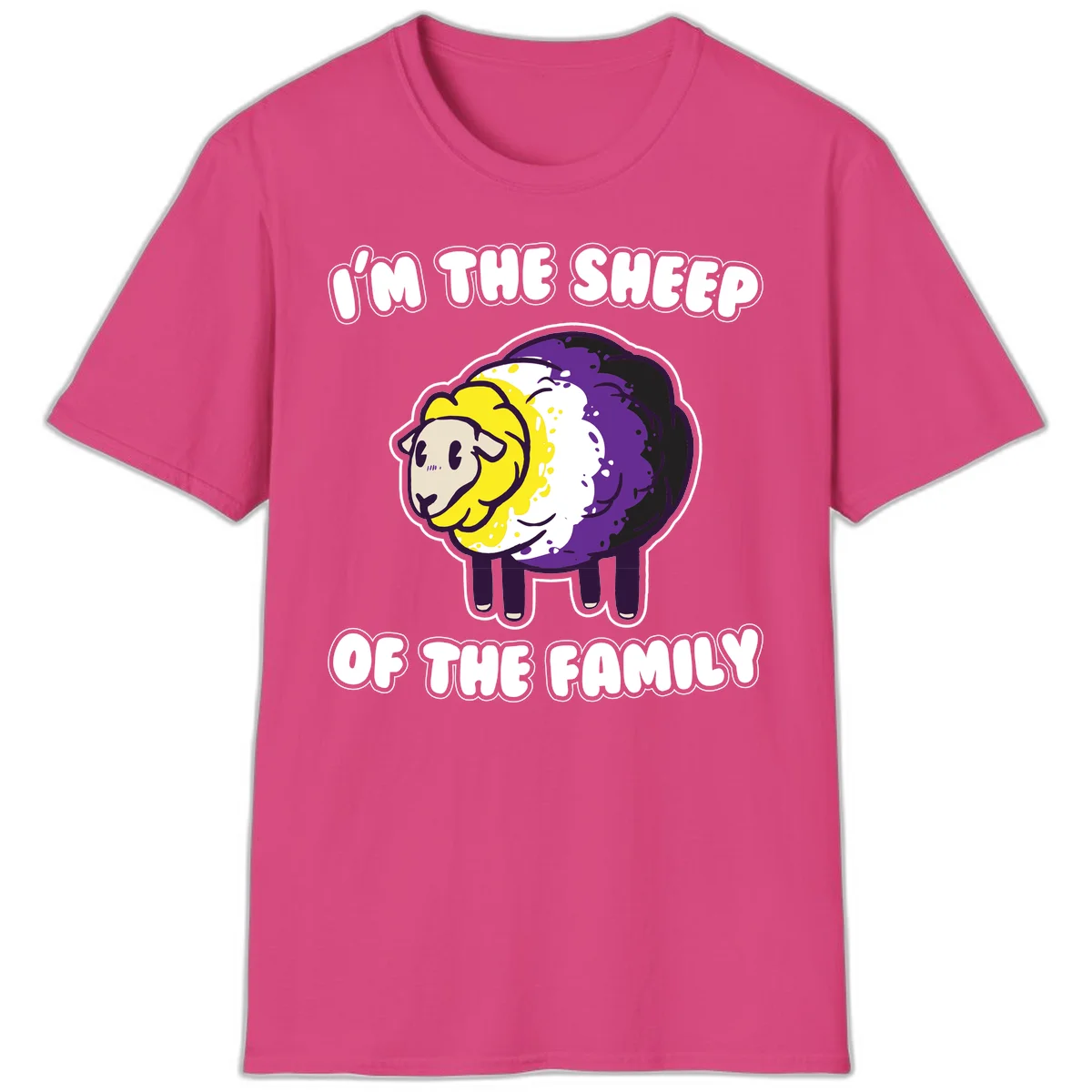 Cartoon sheep with yellow, white, and purple wool wearing text 'I'm The Sheep Of The Family' in bold letters in Heliconia