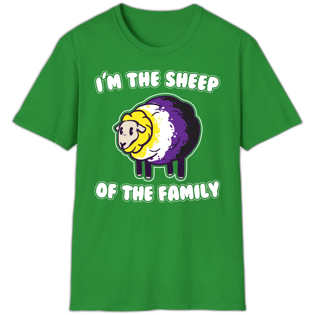Cartoon sheep with yellow, white, and purple wool wearing text 'I'm The Sheep Of The Family' in bold letters in Irish Green