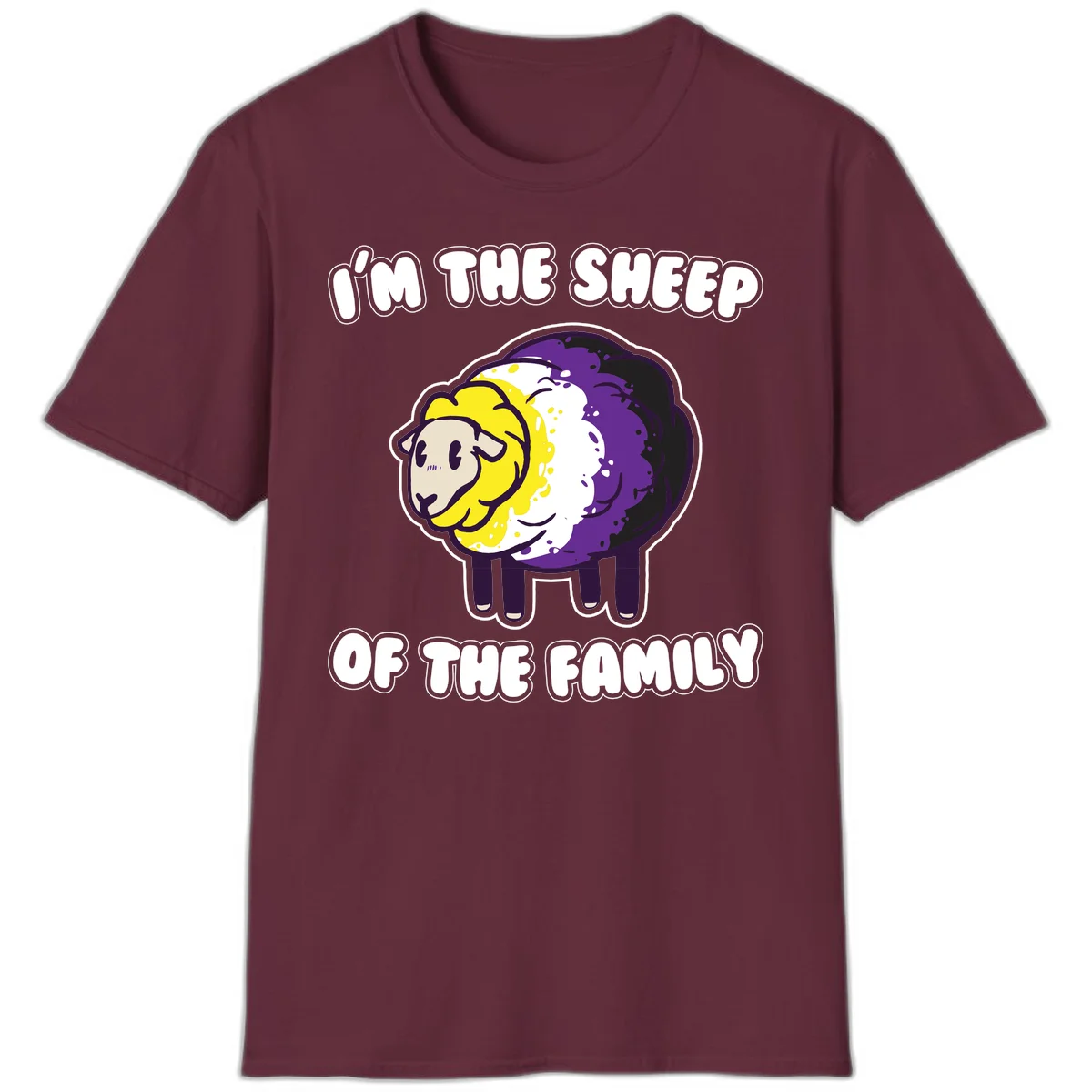 Cartoon sheep with yellow, white, and purple wool wearing text 'I'm The Sheep Of The Family' in bold letters in Maroon
