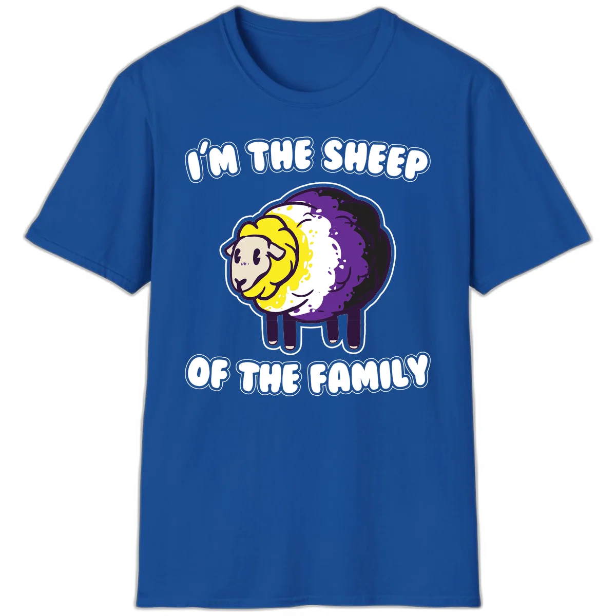 Cartoon sheep with yellow, white, and purple wool wearing text 'I'm The Sheep Of The Family' in bold letters in Royal