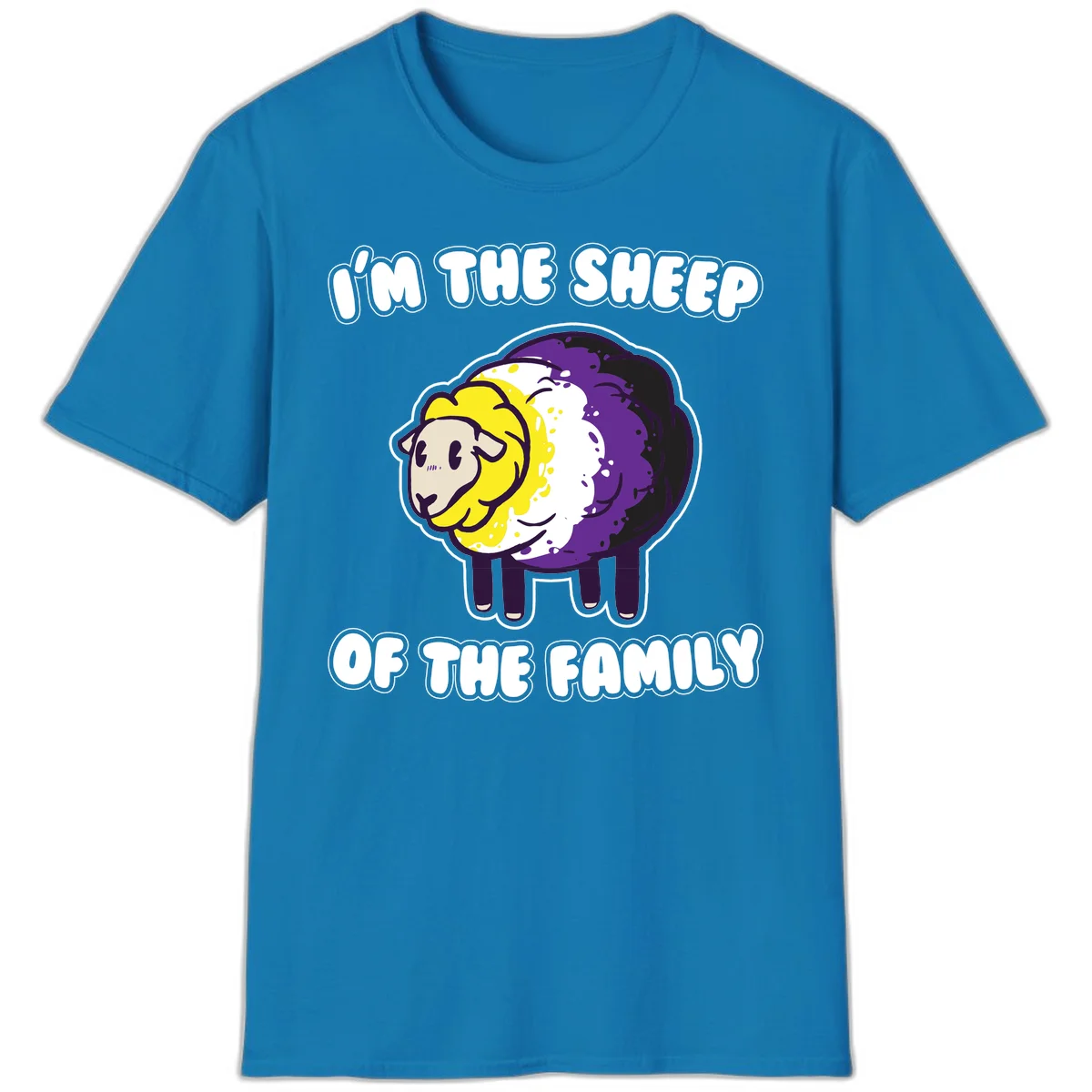 Cartoon sheep with yellow, white, and purple wool wearing text 'I'm The Sheep Of The Family' in bold letters in Sapphire