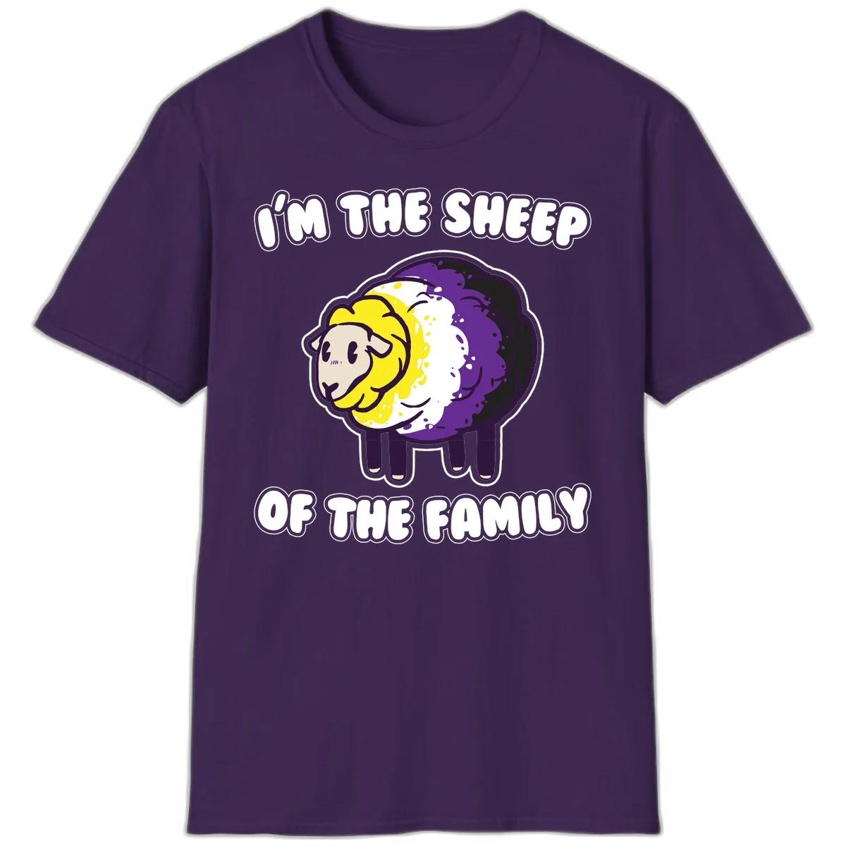 Cartoon sheep with yellow, white, and purple wool wearing text 'I'm The Sheep Of The Family' in bold letters in Purple
