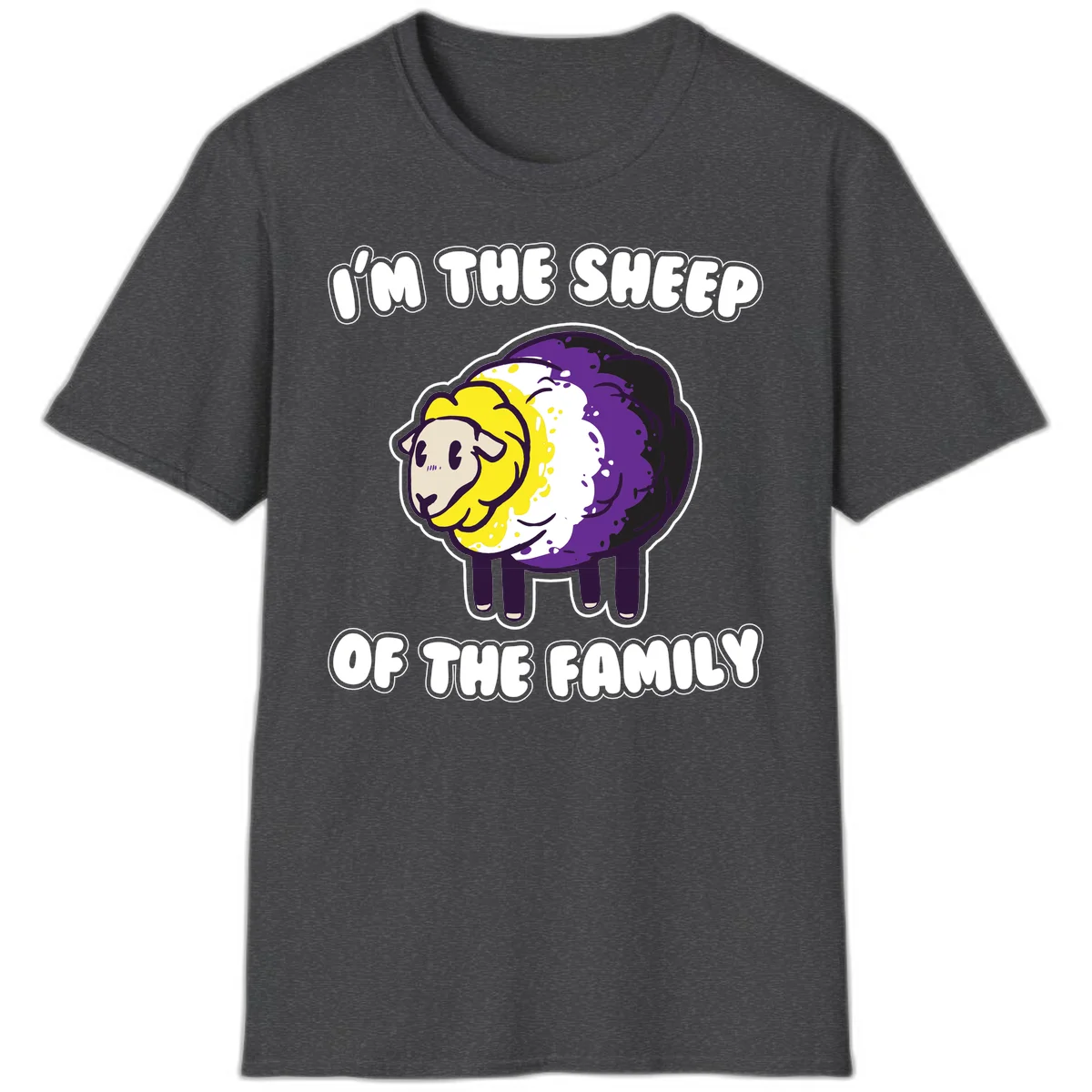 Cartoon sheep with yellow, white, and purple wool wearing text 'I'm The Sheep Of The Family' in bold letters in Dark Heather
