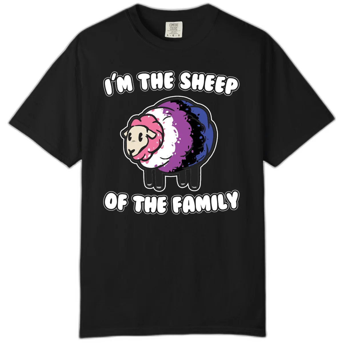 Colorful cartoon sheep with rainbow wool in pink, purple, blue, white and black, with text 'I'm the sheep of the family' celebrating pride and individuality in Black