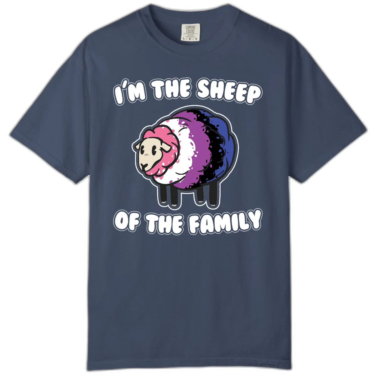 Colorful cartoon sheep with rainbow wool in pink, purple, blue, white and black, with text 'I'm the sheep of the family' celebrating pride and individuality in Midnight