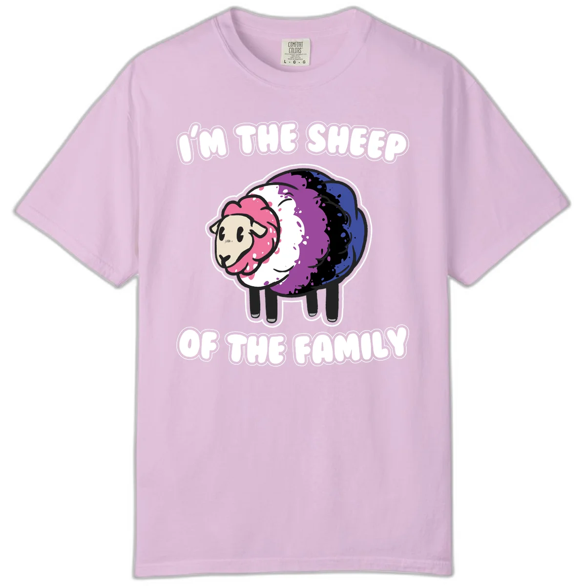 Colorful cartoon sheep with rainbow wool in pink, purple, blue, white and black, with text 'I'm the sheep of the family' celebrating pride and individuality in Orchid