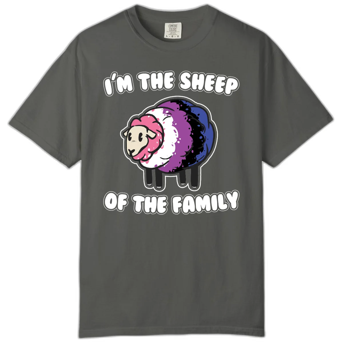 Colorful cartoon sheep with rainbow wool in pink, purple, blue, white and black, with text 'I'm the sheep of the family' celebrating pride and individuality in Pepper