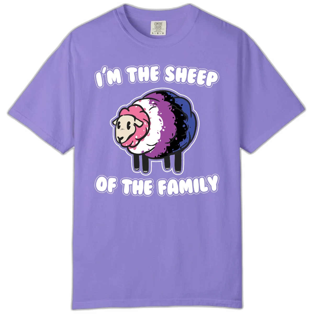Colorful cartoon sheep with rainbow wool in pink, purple, blue, white and black, with text 'I'm the sheep of the family' celebrating pride and individuality in Violet