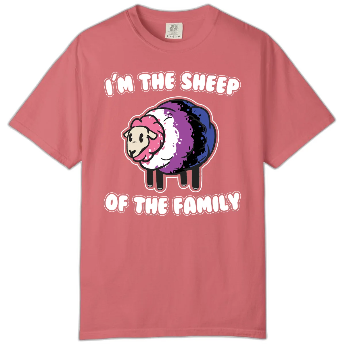 Colorful cartoon sheep with rainbow wool in pink, purple, blue, white and black, with text 'I'm the sheep of the family' celebrating pride and individuality in Watermelon