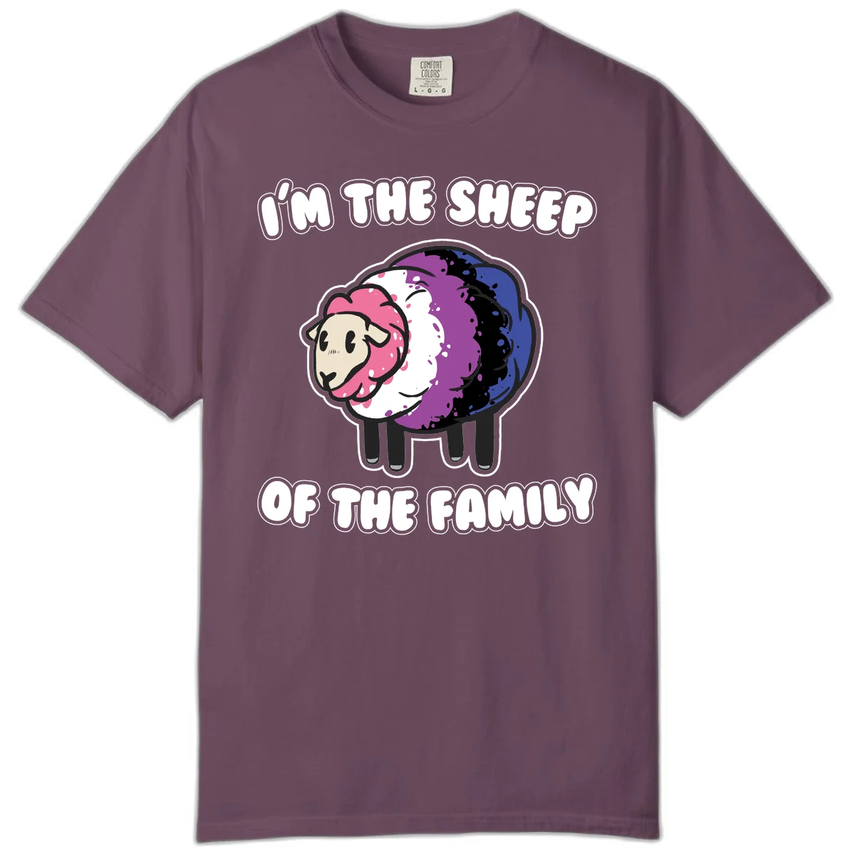 Colorful cartoon sheep with rainbow wool in pink, purple, blue, white and black, with text 'I'm the sheep of the family' celebrating pride and individuality in Berry