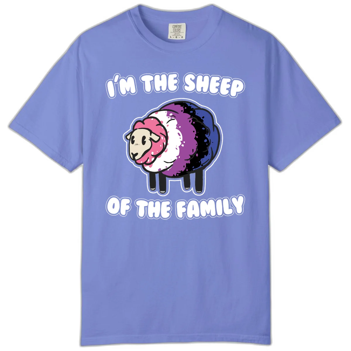 Colorful cartoon sheep with rainbow wool in pink, purple, blue, white and black, with text 'I'm the sheep of the family' celebrating pride and individuality in Flo Blue