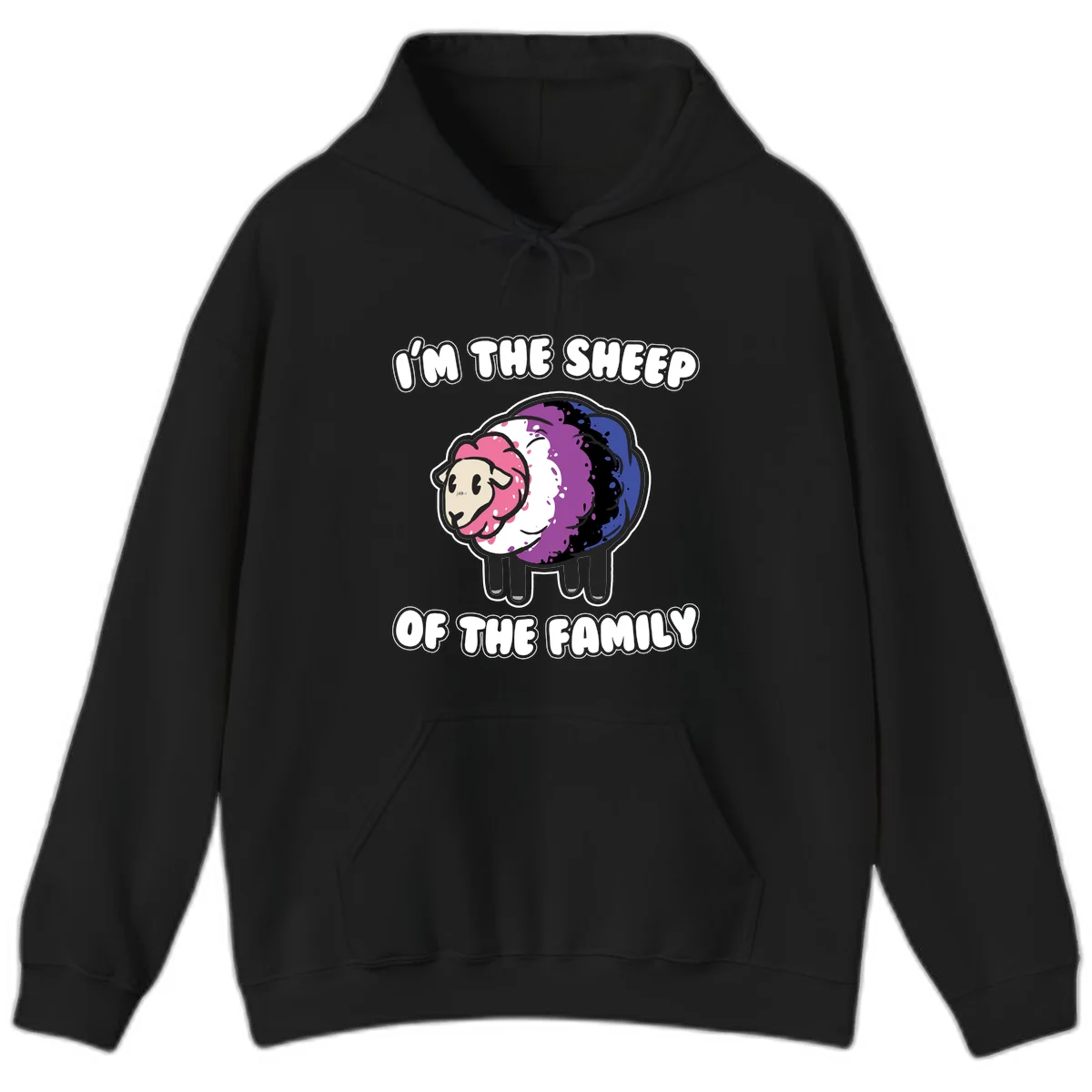 Colorful cartoon sheep with rainbow wool in pink, purple, blue, white and black, with text 'I'm the sheep of the family' celebrating pride and individuality in Black