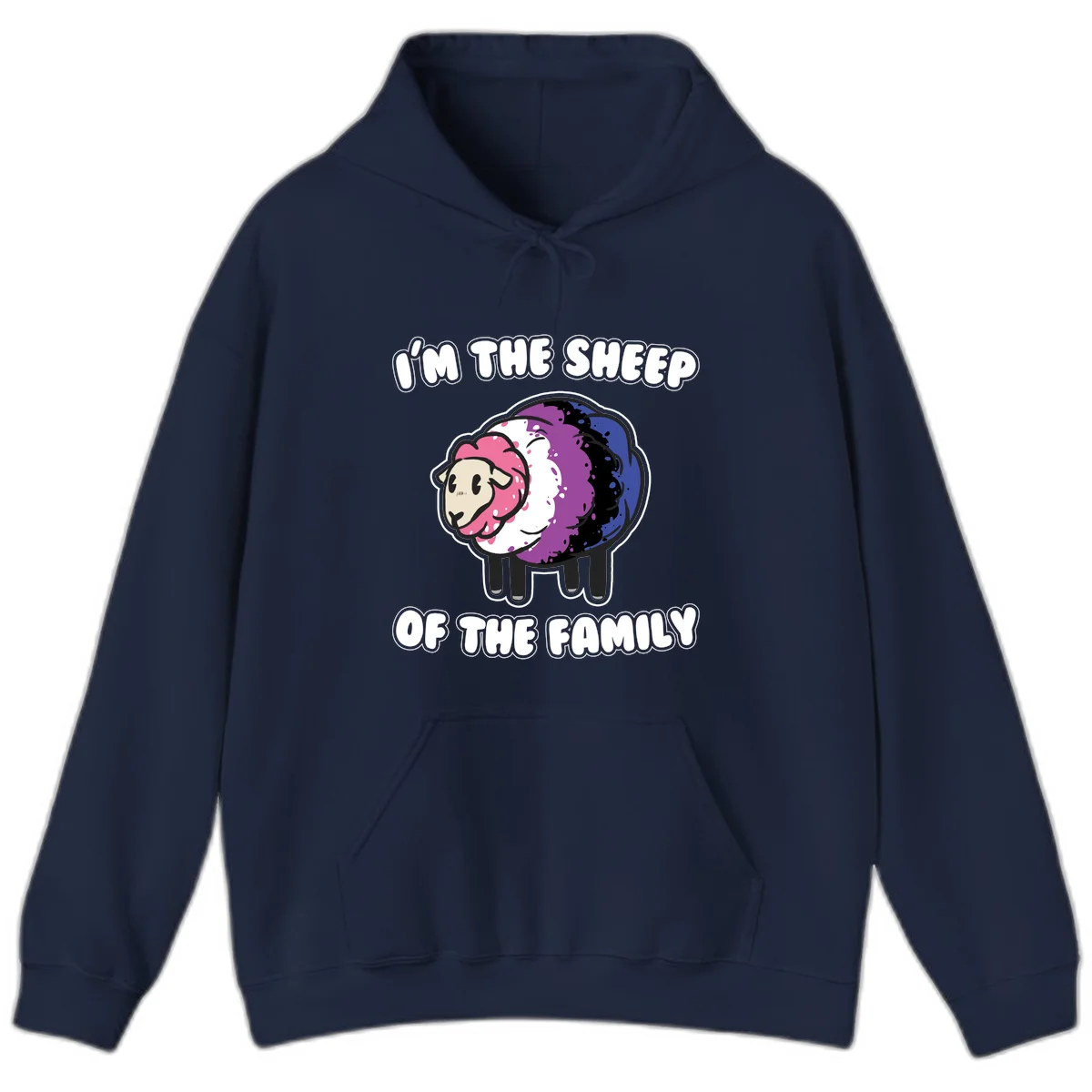 Colorful cartoon sheep with rainbow wool in pink, purple, blue, white and black, with text 'I'm the sheep of the family' celebrating pride and individuality in Navy