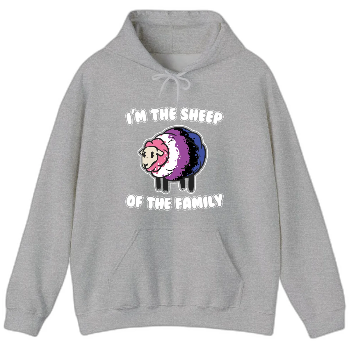 Colorful cartoon sheep with rainbow wool in pink, purple, blue, white and black, with text 'I'm the sheep of the family' celebrating pride and individuality in Sport Grey