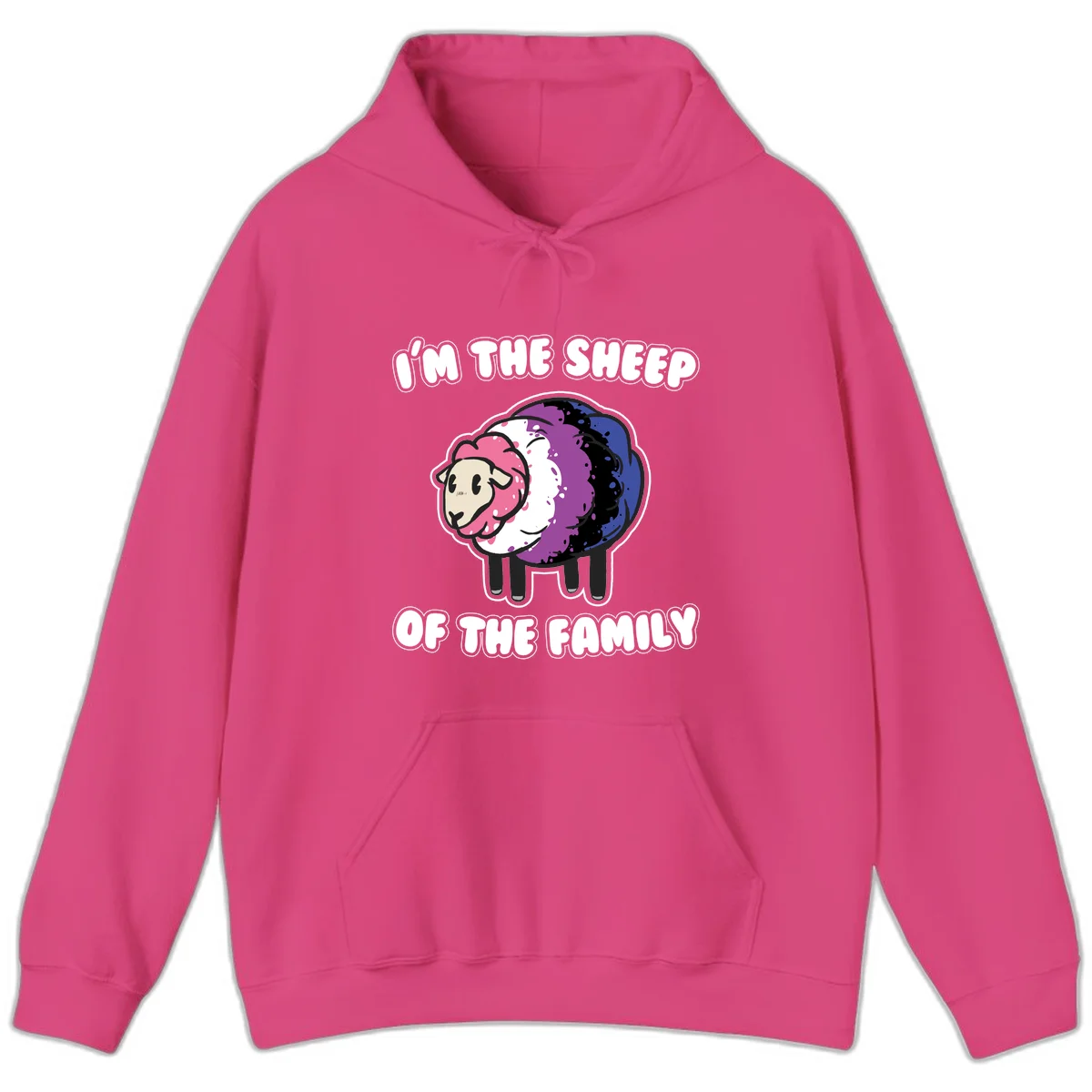 Colorful cartoon sheep with rainbow wool in pink, purple, blue, white and black, with text 'I'm the sheep of the family' celebrating pride and individuality in Heliconia