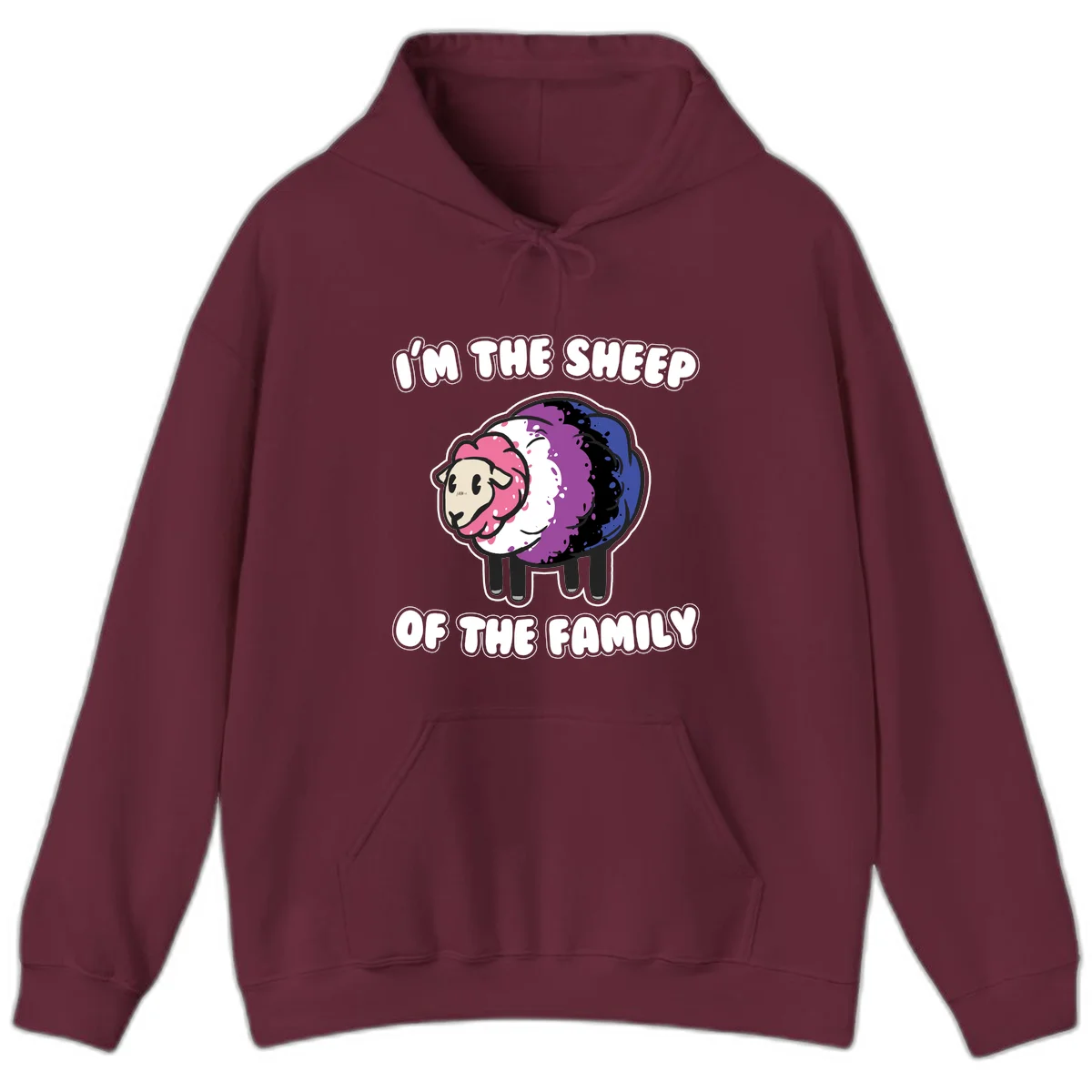 Colorful cartoon sheep with rainbow wool in pink, purple, blue, white and black, with text 'I'm the sheep of the family' celebrating pride and individuality in Maroon