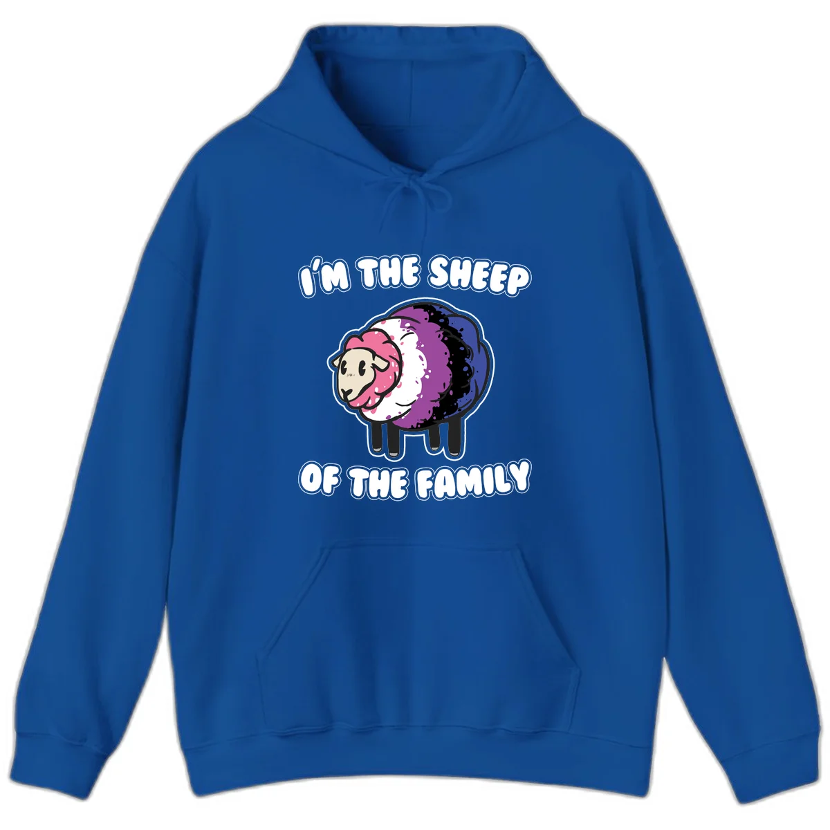Colorful cartoon sheep with rainbow wool in pink, purple, blue, white and black, with text 'I'm the sheep of the family' celebrating pride and individuality in Royal