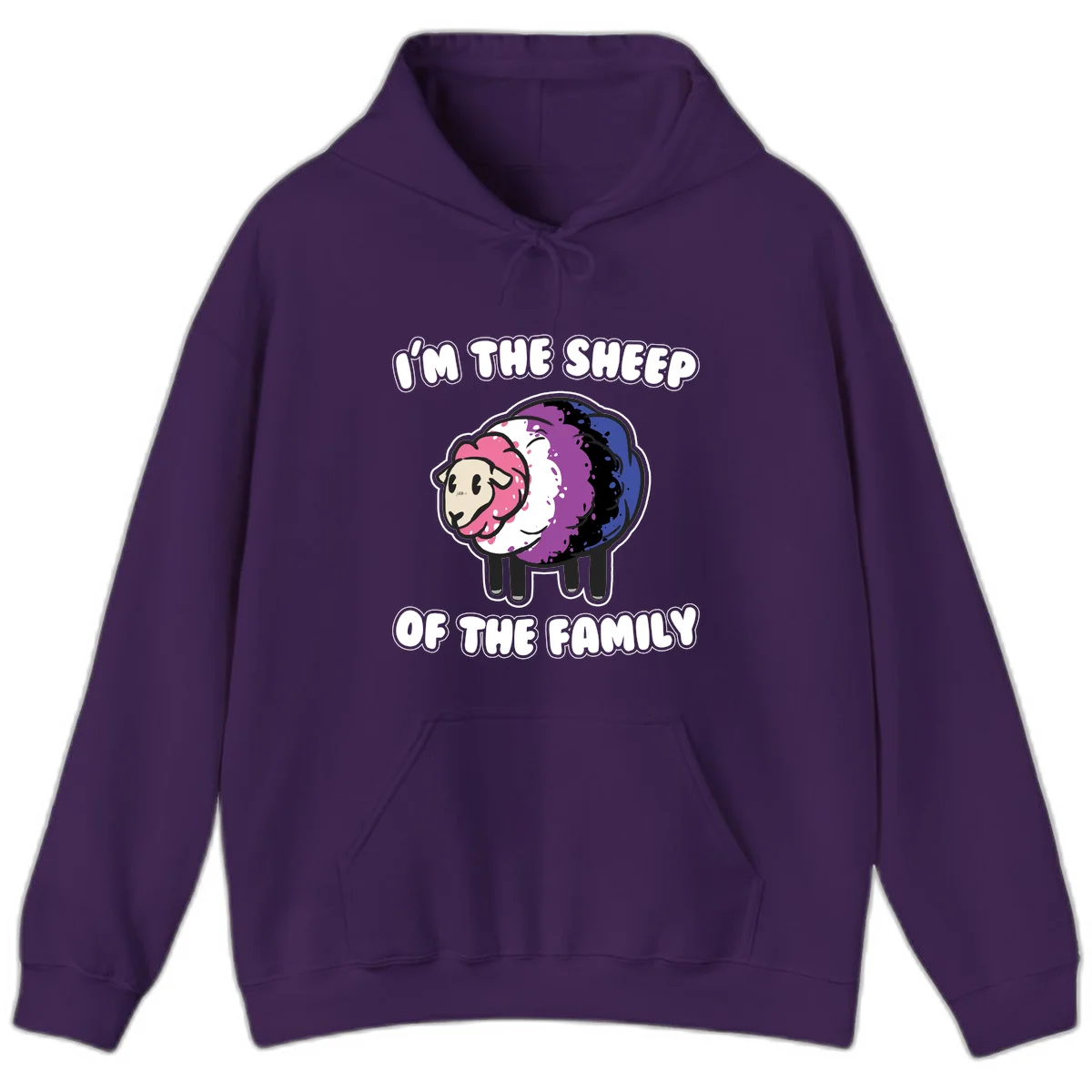 Colorful cartoon sheep with rainbow wool in pink, purple, blue, white and black, with text 'I'm the sheep of the family' celebrating pride and individuality in Purple