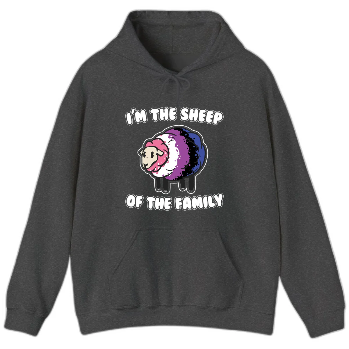 Colorful cartoon sheep with rainbow wool in pink, purple, blue, white and black, with text 'I'm the sheep of the family' celebrating pride and individuality in Dark Heather