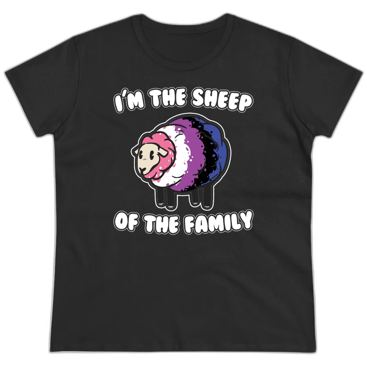 Colorful cartoon sheep with rainbow wool in pink, purple, blue, white and black, with text 'I'm the sheep of the family' celebrating pride and individuality in Black