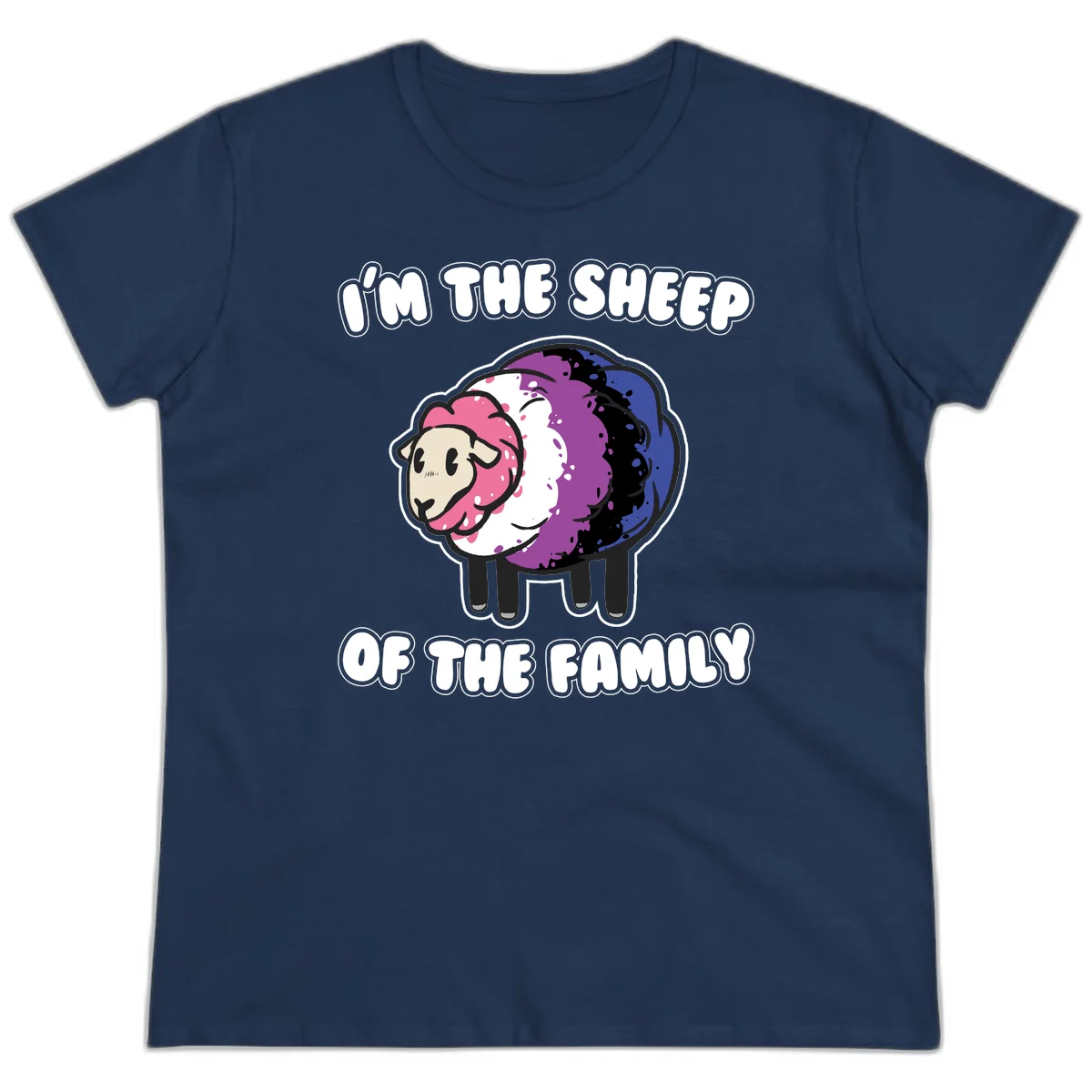 Colorful cartoon sheep with rainbow wool in pink, purple, blue, white and black, with text 'I'm the sheep of the family' celebrating pride and individuality in Navy