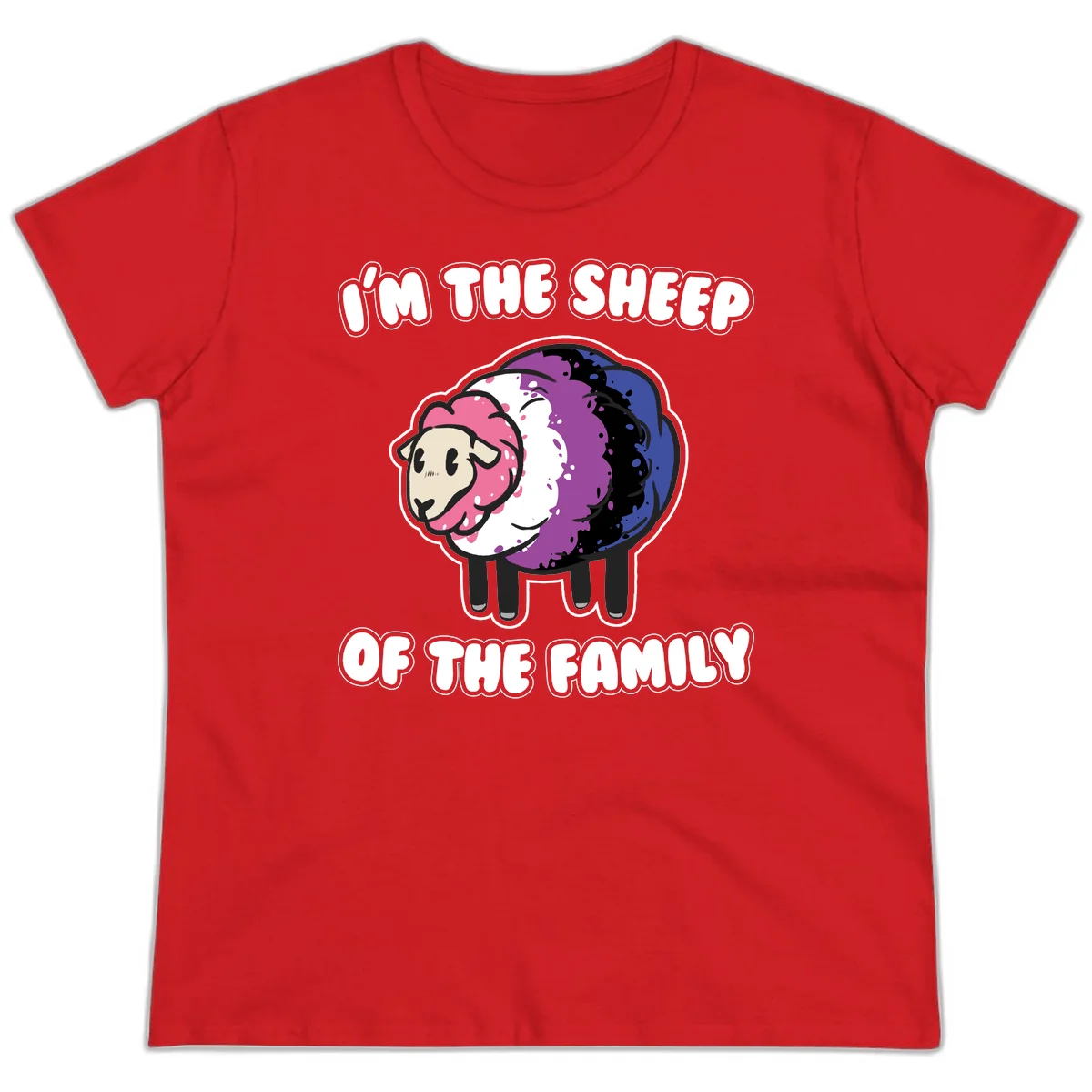 Colorful cartoon sheep with rainbow wool in pink, purple, blue, white and black, with text 'I'm the sheep of the family' celebrating pride and individuality in Red
