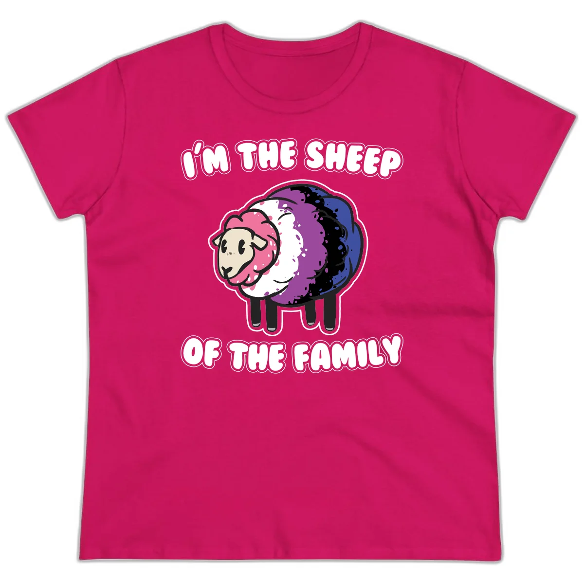 Colorful cartoon sheep with rainbow wool in pink, purple, blue, white and black, with text 'I'm the sheep of the family' celebrating pride and individuality in Heliconia