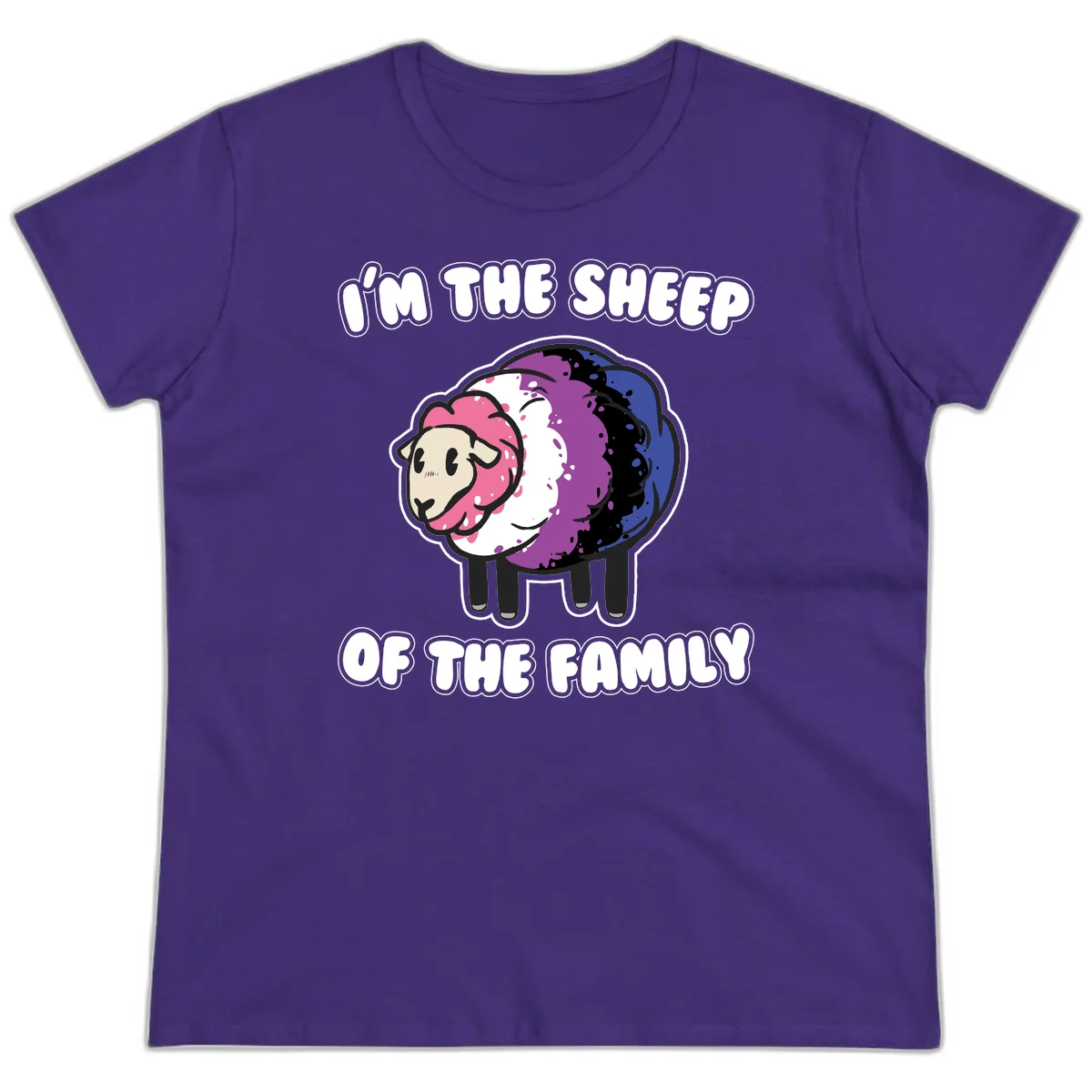 Colorful cartoon sheep with rainbow wool in pink, purple, blue, white and black, with text 'I'm the sheep of the family' celebrating pride and individuality in Purple