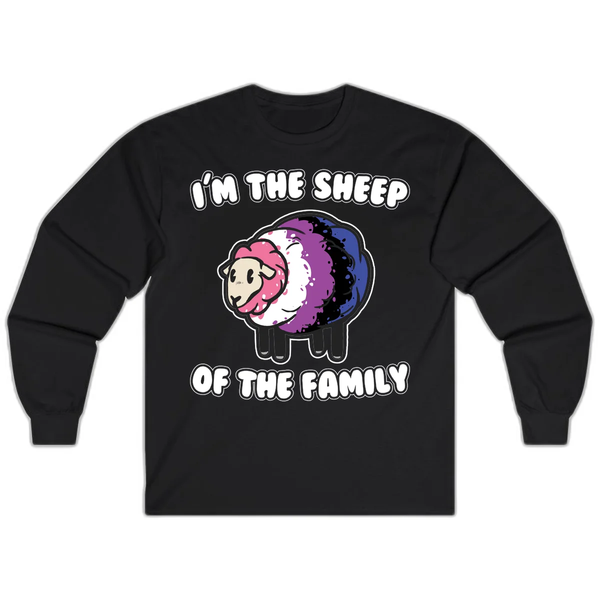 Colorful cartoon sheep with rainbow wool in pink, purple, blue, white and black, with text 'I'm the sheep of the family' celebrating pride and individuality in Black