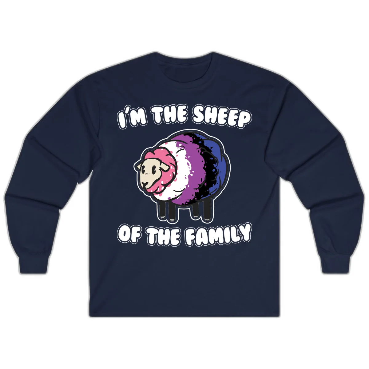 Colorful cartoon sheep with rainbow wool in pink, purple, blue, white and black, with text 'I'm the sheep of the family' celebrating pride and individuality in Navy