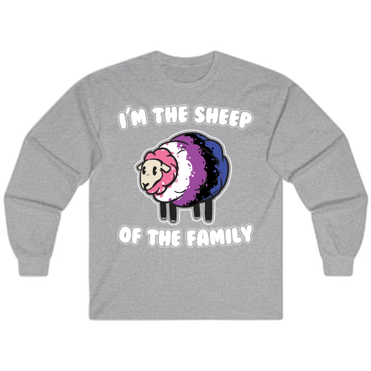 Colorful cartoon sheep with rainbow wool in pink, purple, blue, white and black, with text 'I'm the sheep of the family' celebrating pride and individuality in Sport Grey