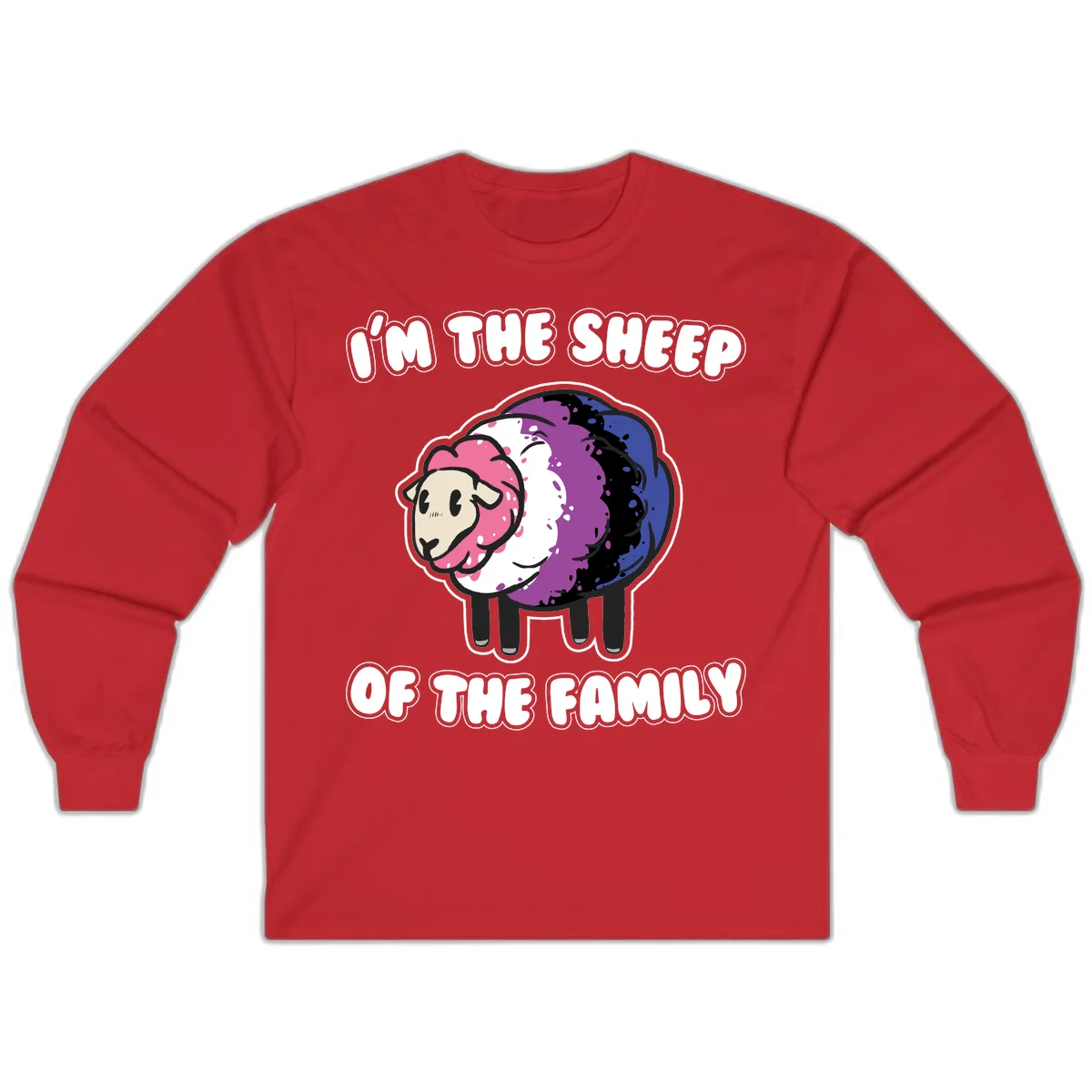 Colorful cartoon sheep with rainbow wool in pink, purple, blue, white and black, with text 'I'm the sheep of the family' celebrating pride and individuality in Red
