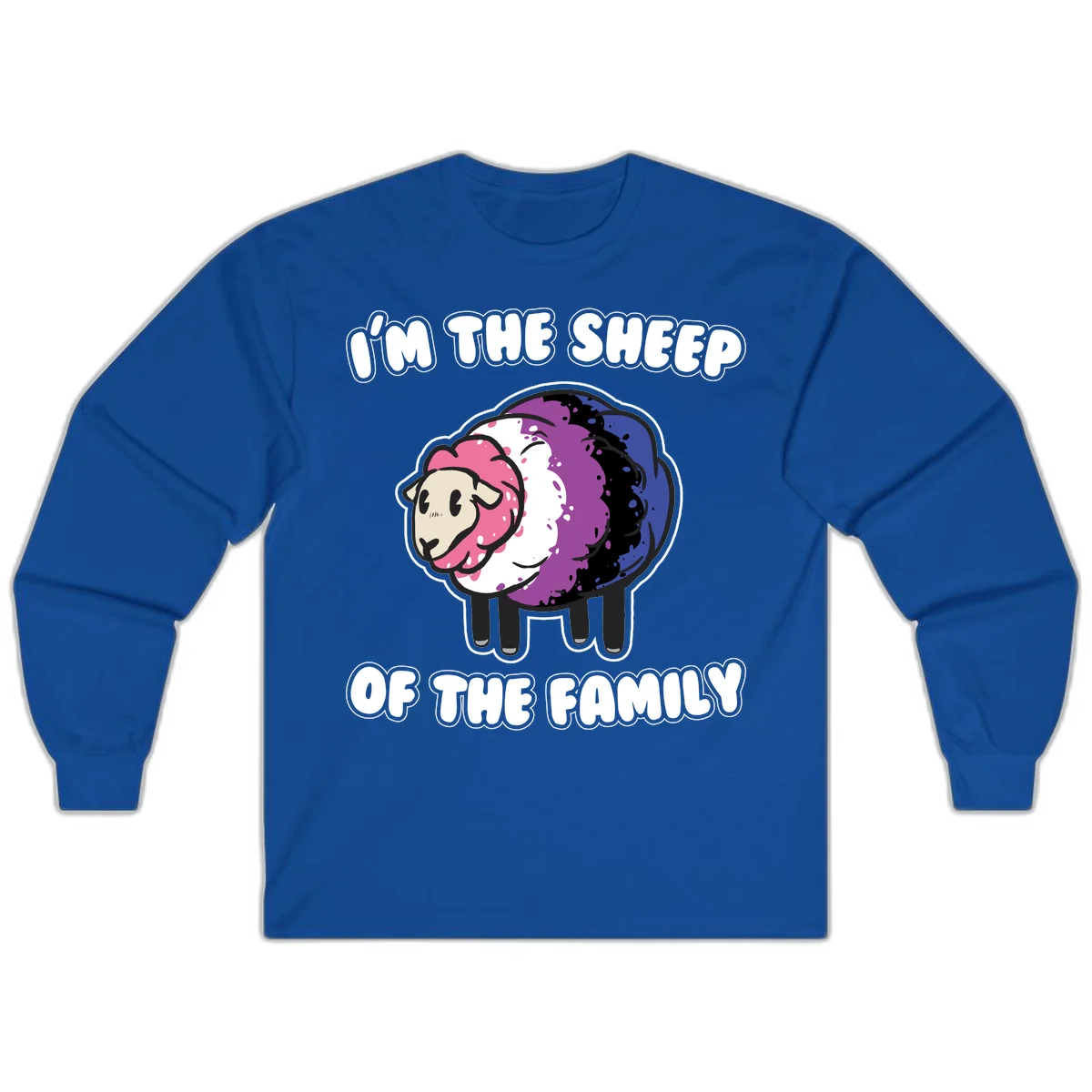 Colorful cartoon sheep with rainbow wool in pink, purple, blue, white and black, with text 'I'm the sheep of the family' celebrating pride and individuality in Royal