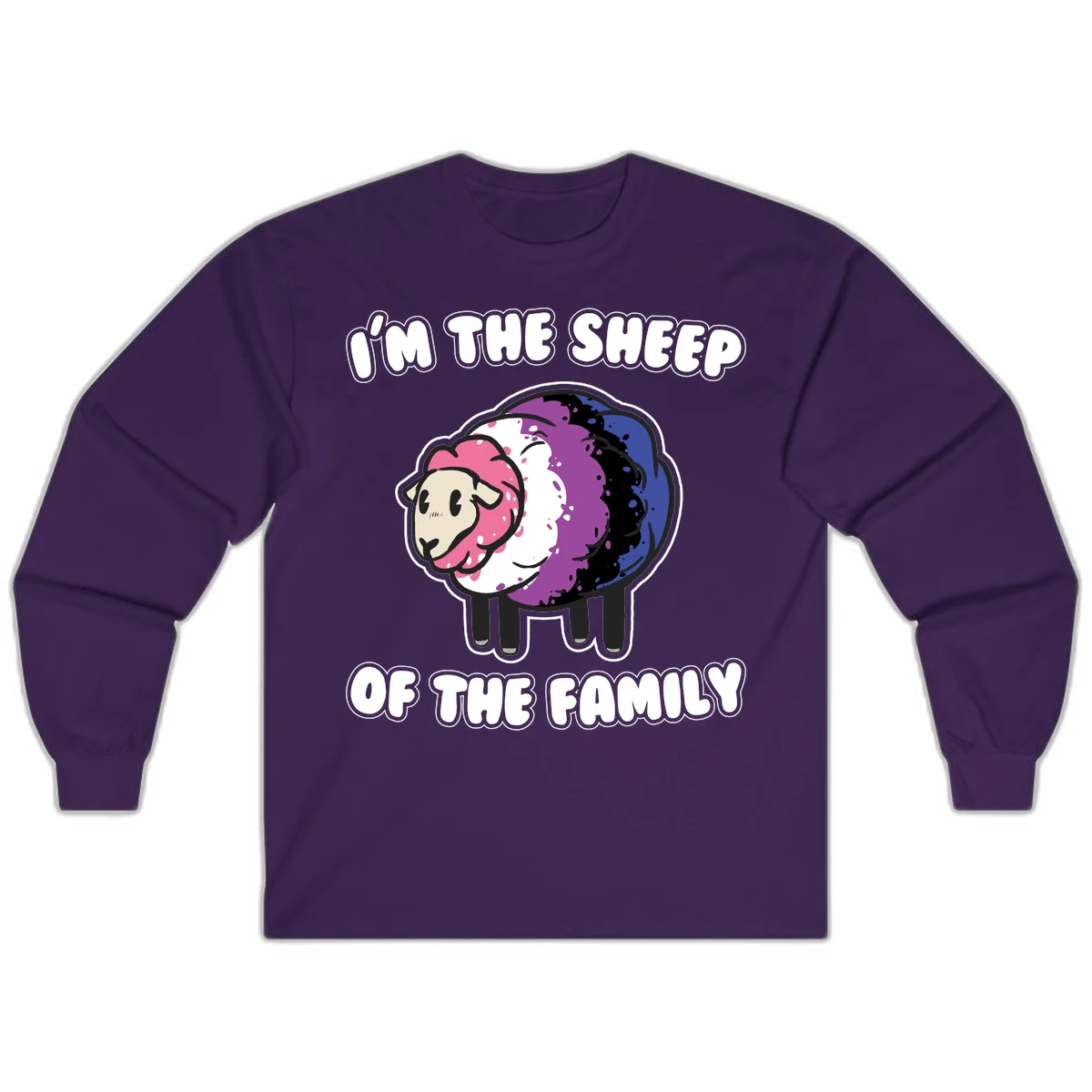 Colorful cartoon sheep with rainbow wool in pink, purple, blue, white and black, with text 'I'm the sheep of the family' celebrating pride and individuality in Purple