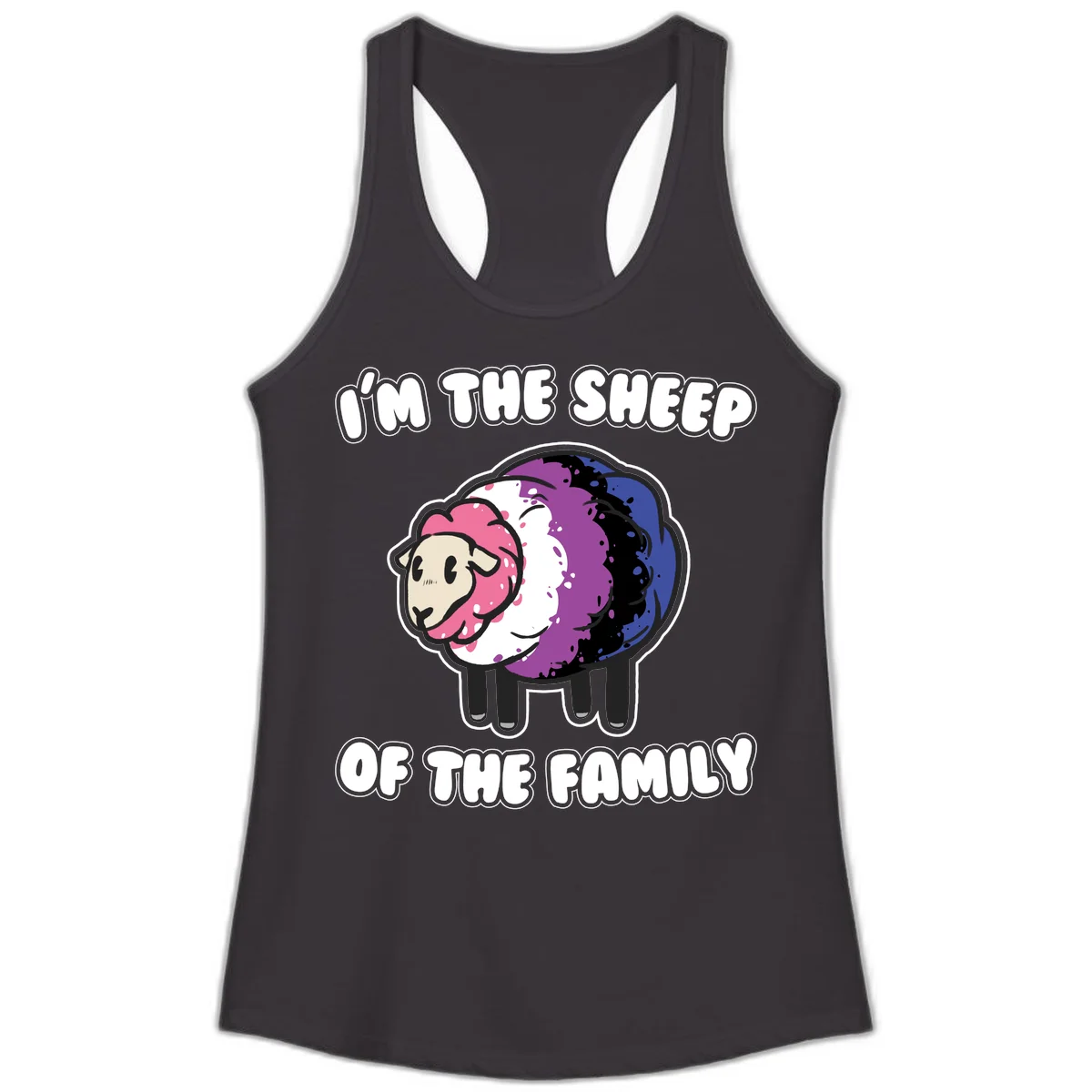 Colorful cartoon sheep with rainbow wool in pink, purple, blue, white and black, with text 'I'm the sheep of the family' celebrating pride and individuality in Black