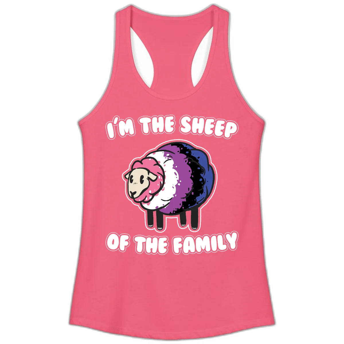Colorful cartoon sheep with rainbow wool in pink, purple, blue, white and black, with text 'I'm the sheep of the family' celebrating pride and individuality in Hot Pink