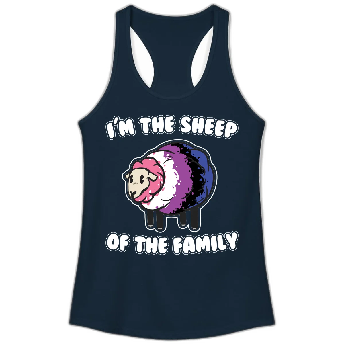 Colorful cartoon sheep with rainbow wool in pink, purple, blue, white and black, with text 'I'm the sheep of the family' celebrating pride and individuality in Solid Midnight Navy